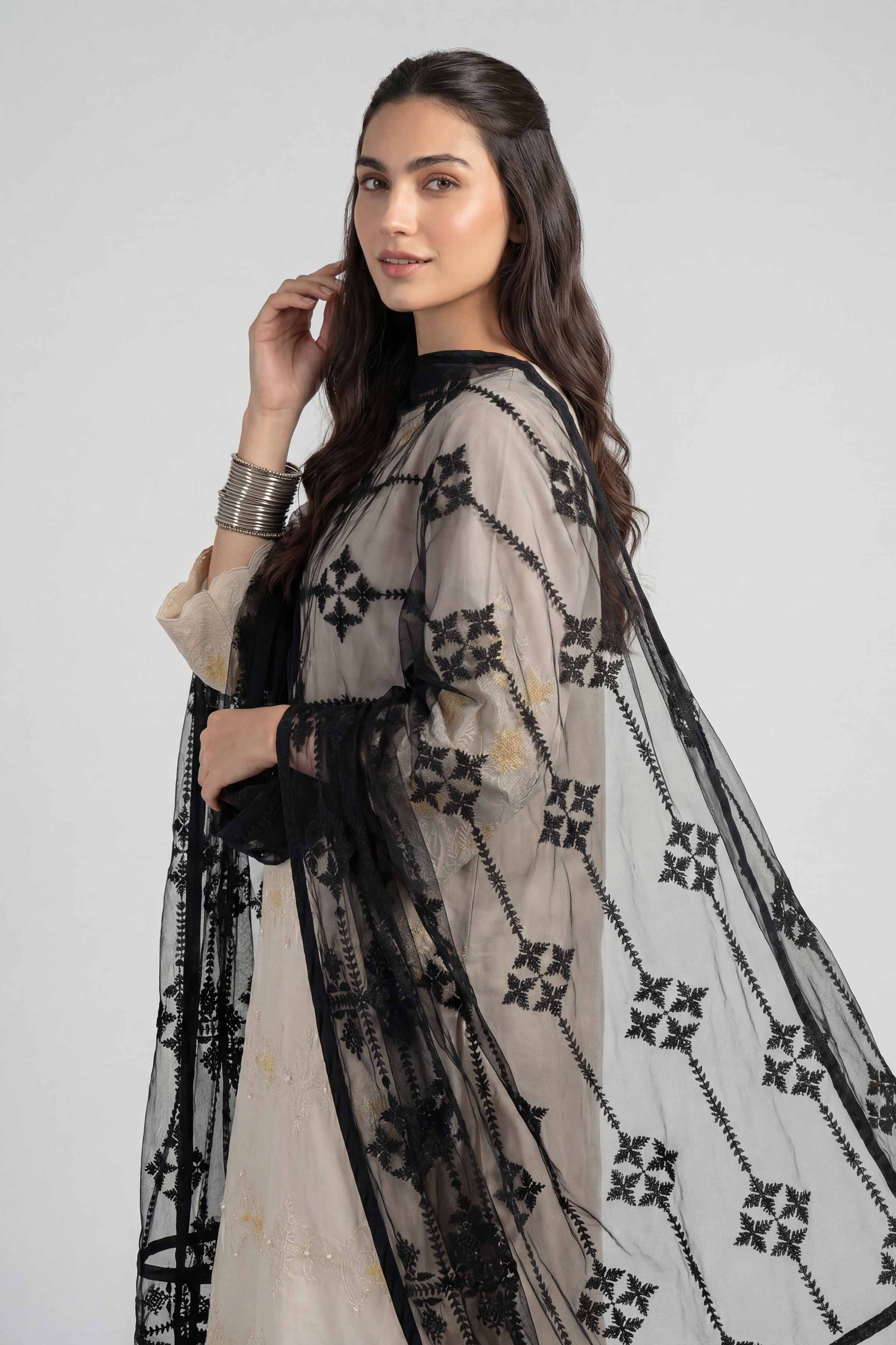 Embroidered Dupatta - KFE26-194 Black Net 1PC Embroidered READY TO WEAR