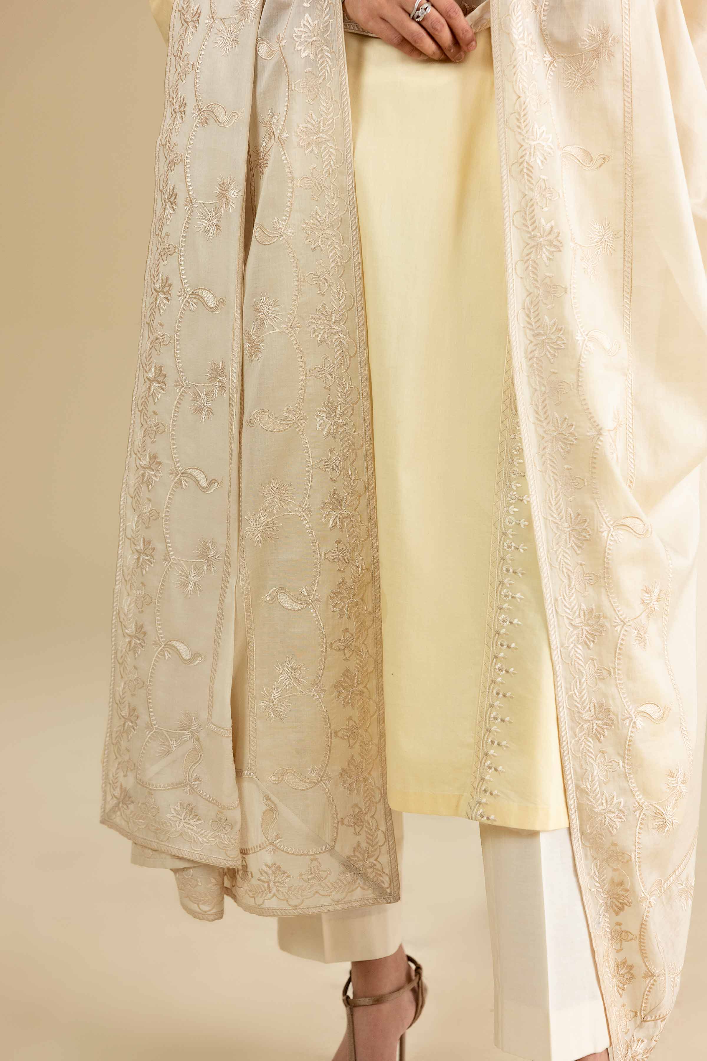 Embroidered Dupatta - KFE26-195 Beige Voile 1PC Embroidered READY TO WEAR