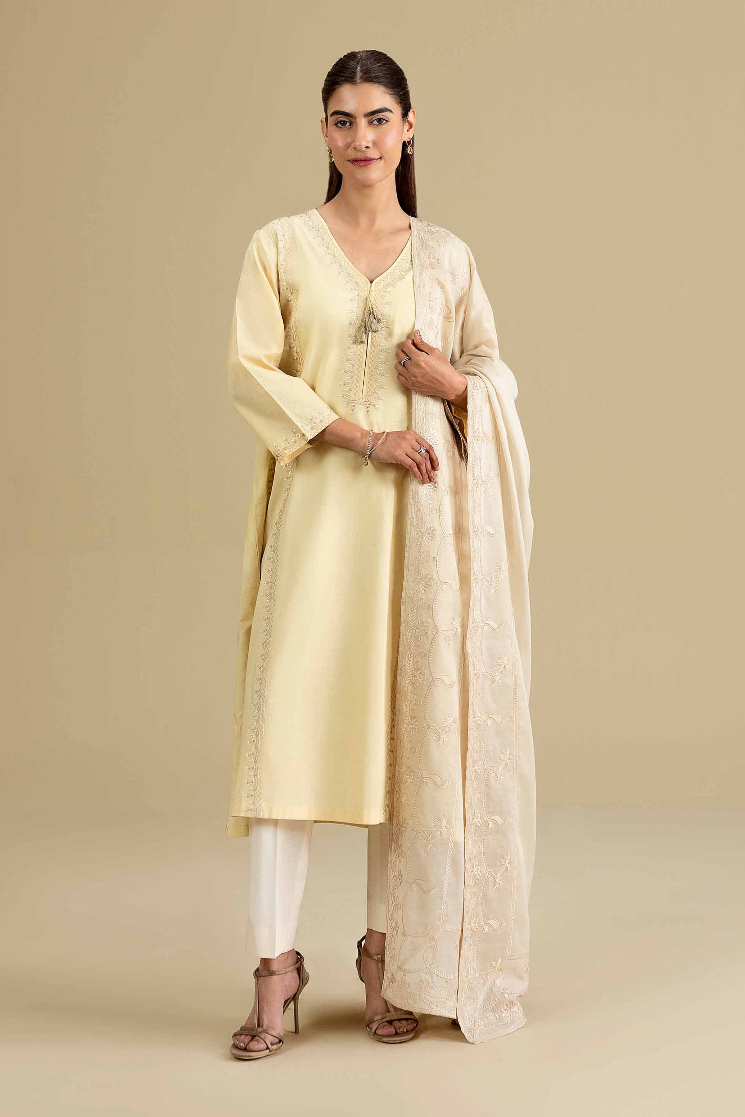 Embroidered Dupatta - KFE26-195 Beige Voile 1PC Embroidered READY TO WEAR