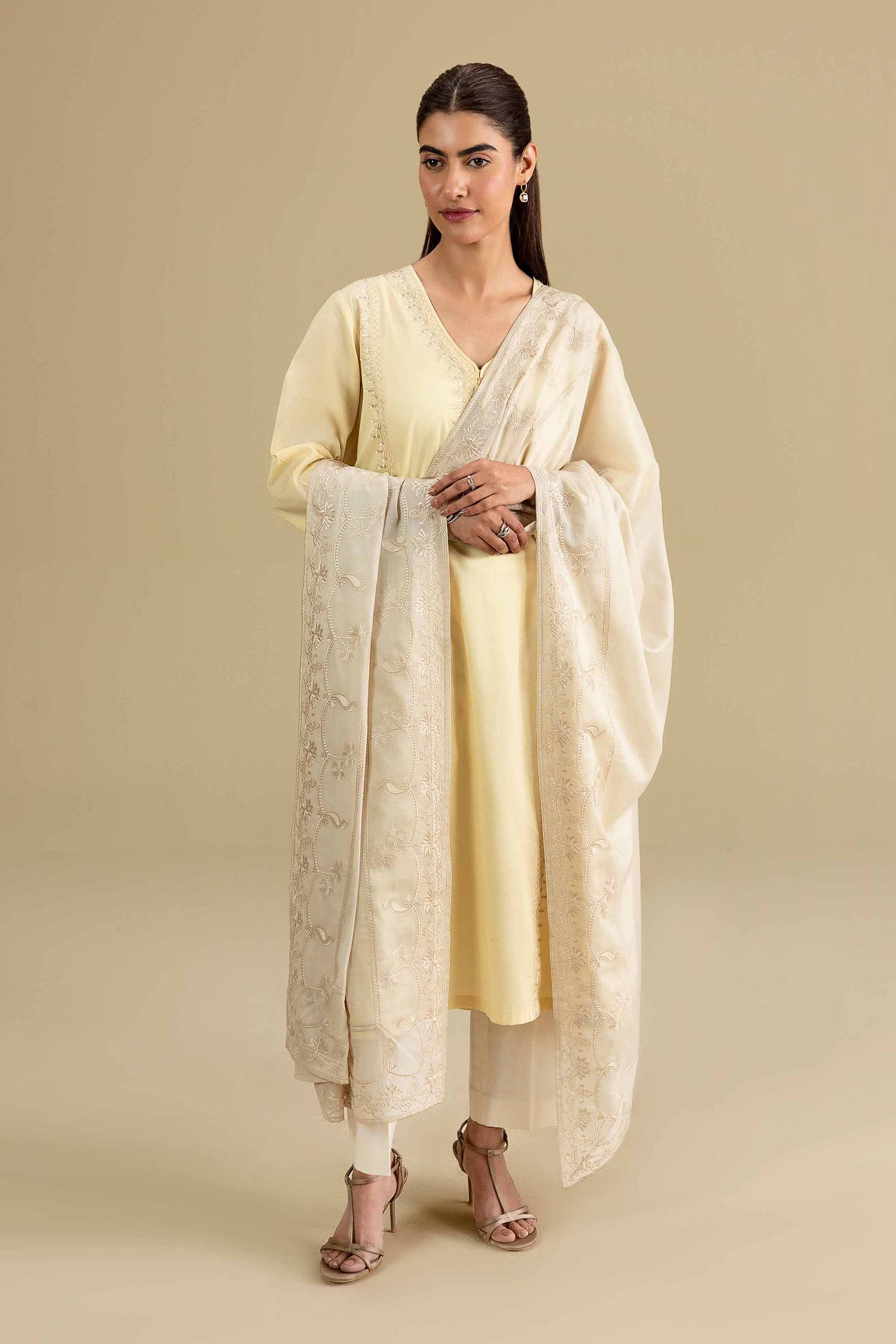 Embroidered Dupatta - KFE26-195 Beige Voile 1PC Embroidered READY TO WEAR