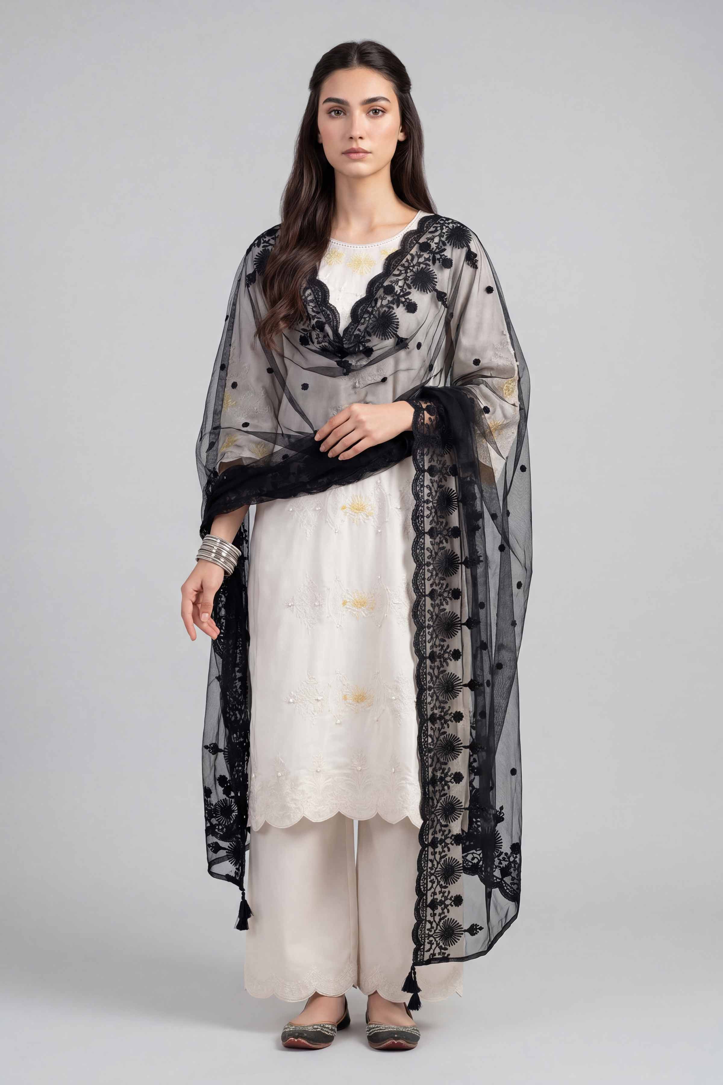 Embroidered Dupatta - KFE26-196 Black Net 1PC Embroidered READY TO WEAR