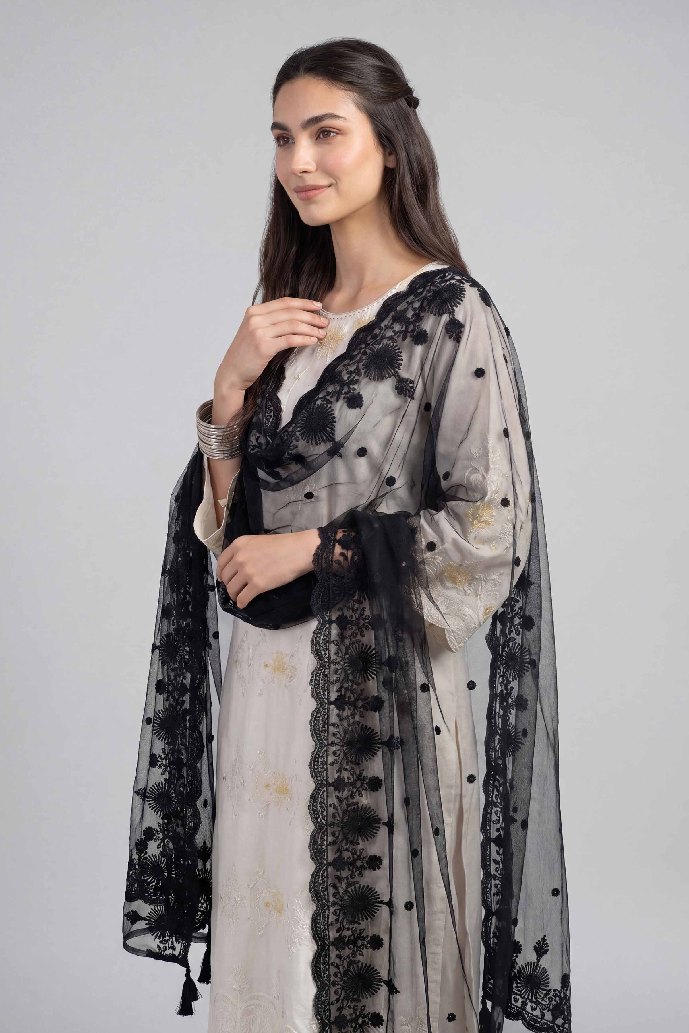 Embroidered Dupatta - KFE26-196 Black Net 1PC Embroidered READY TO WEAR
