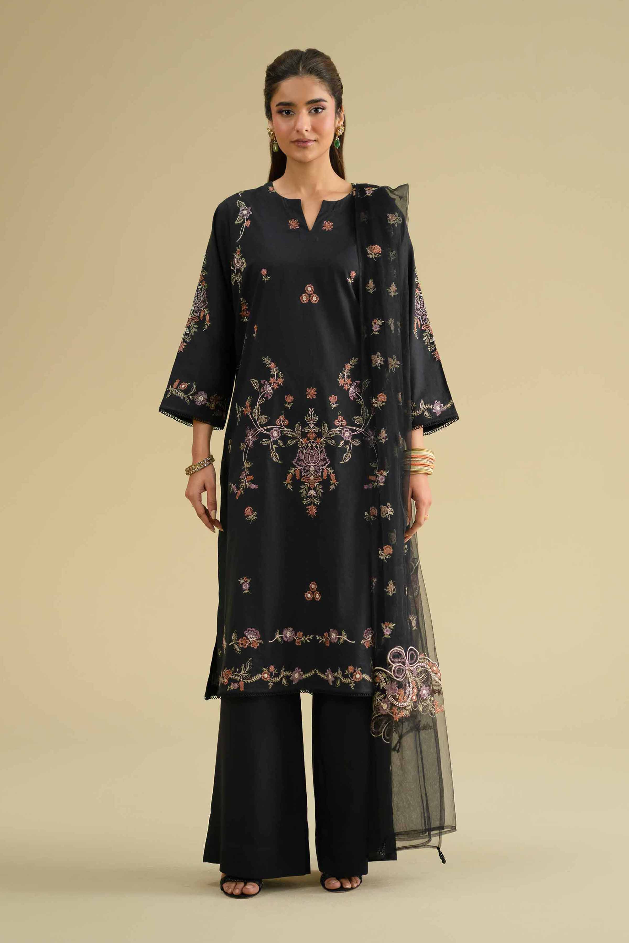 2 Piece - Embroidered Suit - KFE26-20 Black Cambric 2PC Embroidered LUXURY