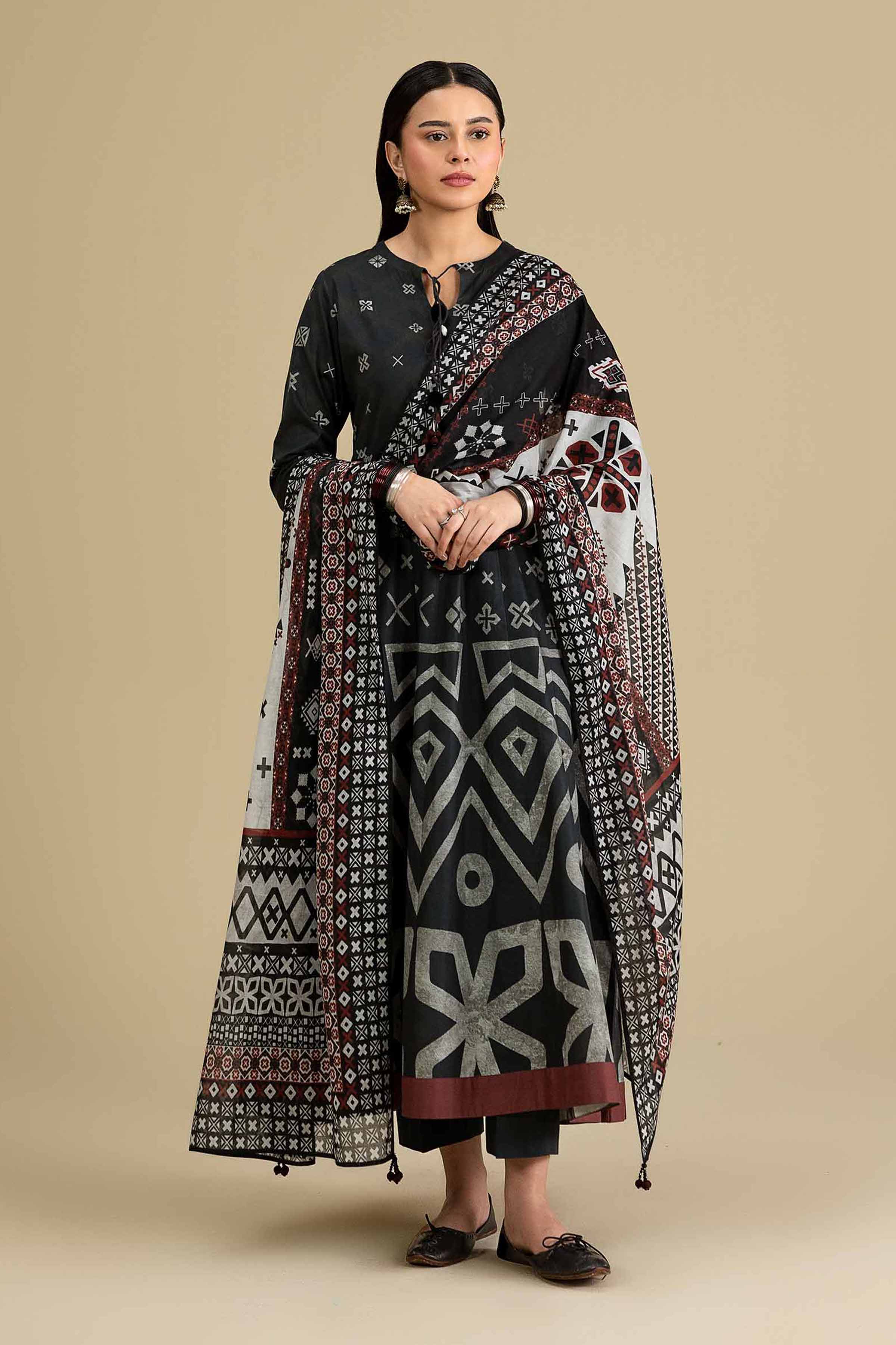 3 Piece - Printed Suit - KFE26-205 Black Cambric 3PC Printed READY TO WEAR
