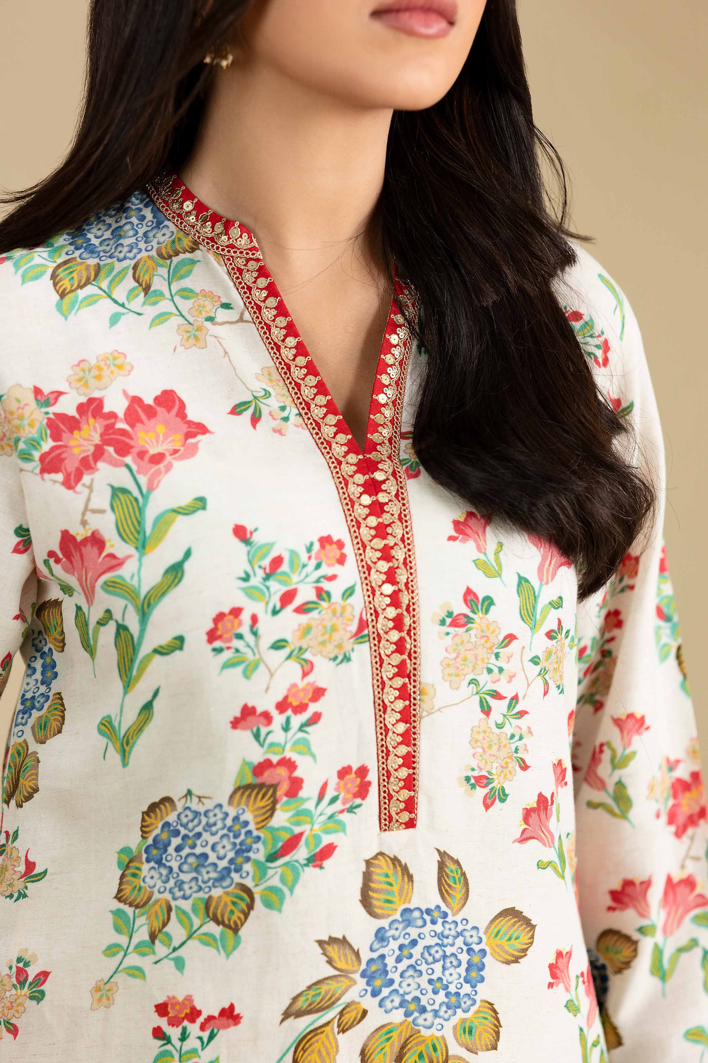 2 Piece - Printed Embroidered Suit - KFE26-209 Off White Cotton 2PC Embroidered READY TO WEAR