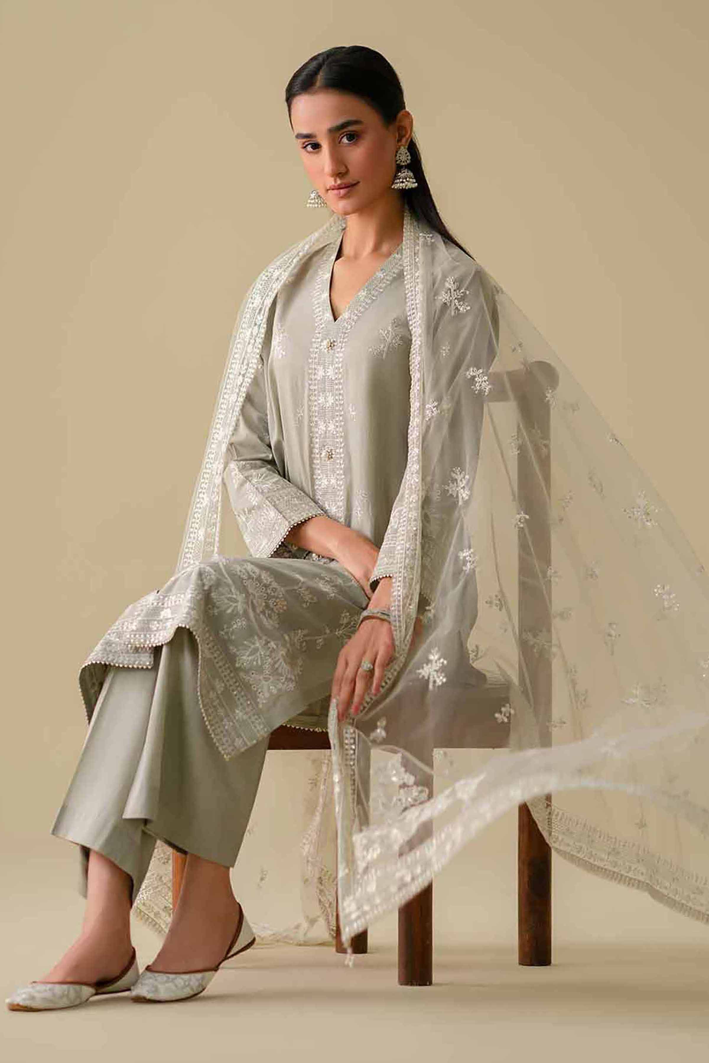 3 Piece - Embroidered Suit - KFE26-21 Grey Cambric 3PC Embroidered