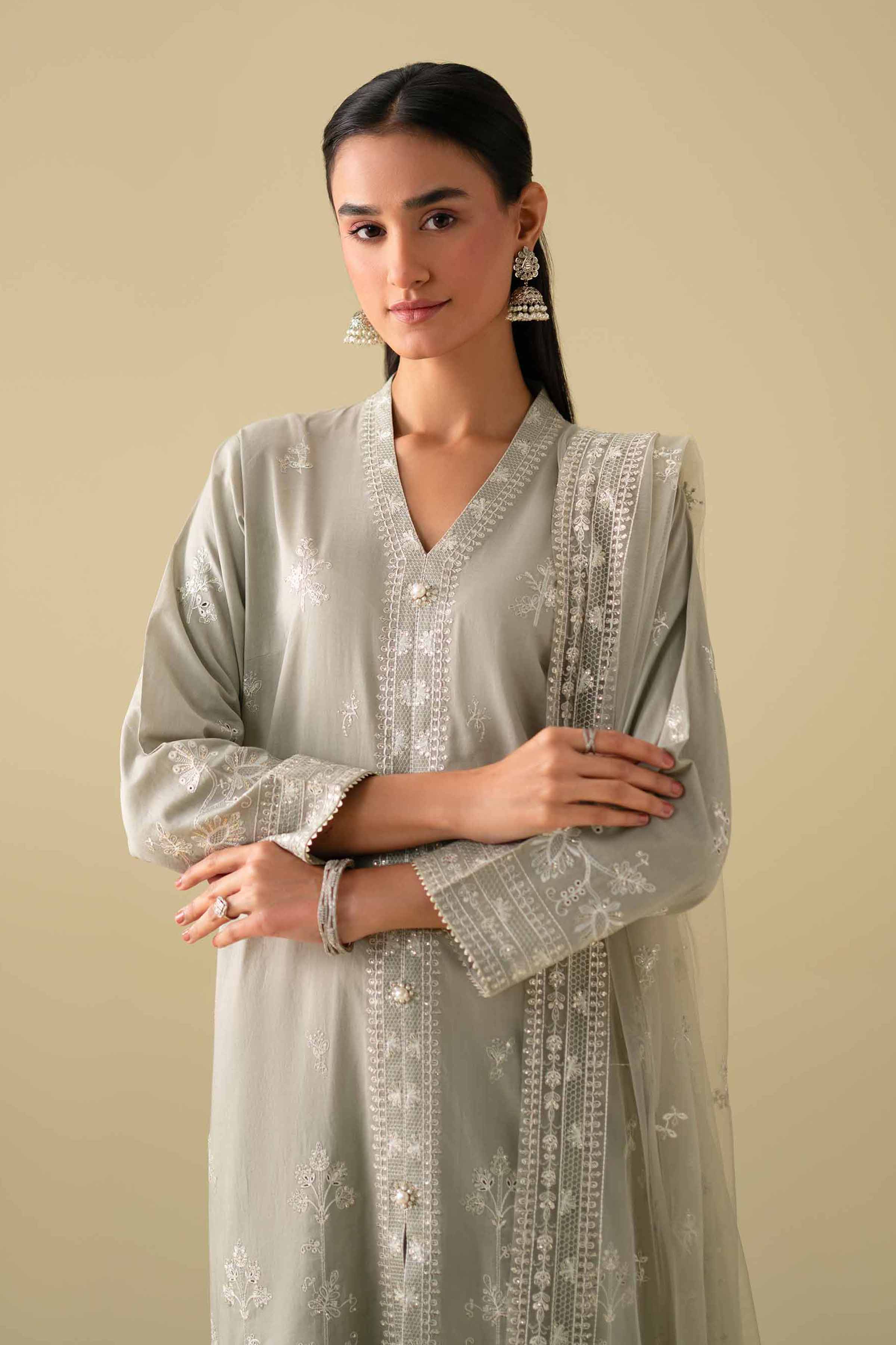 3 Piece - Embroidered Suit - KFE26-21 Grey Cambric 3PC Embroidered