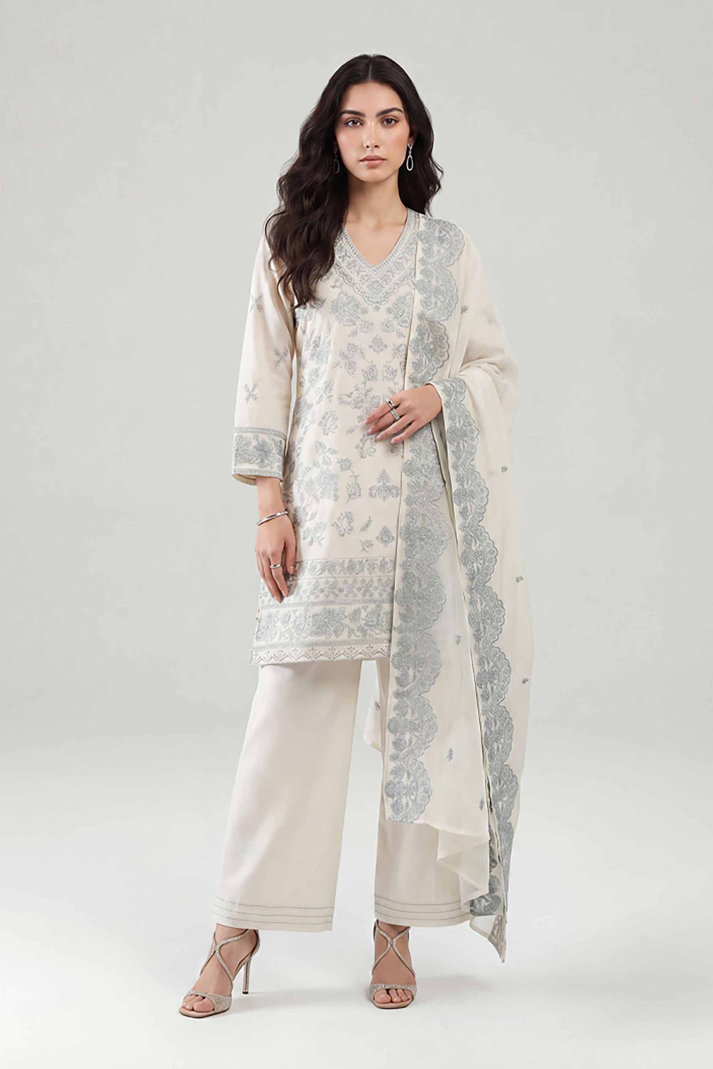3 Piece - Embroidered Suit - KFE26-212 Off White Cambric 3PC Embroidered READY TO WEAR