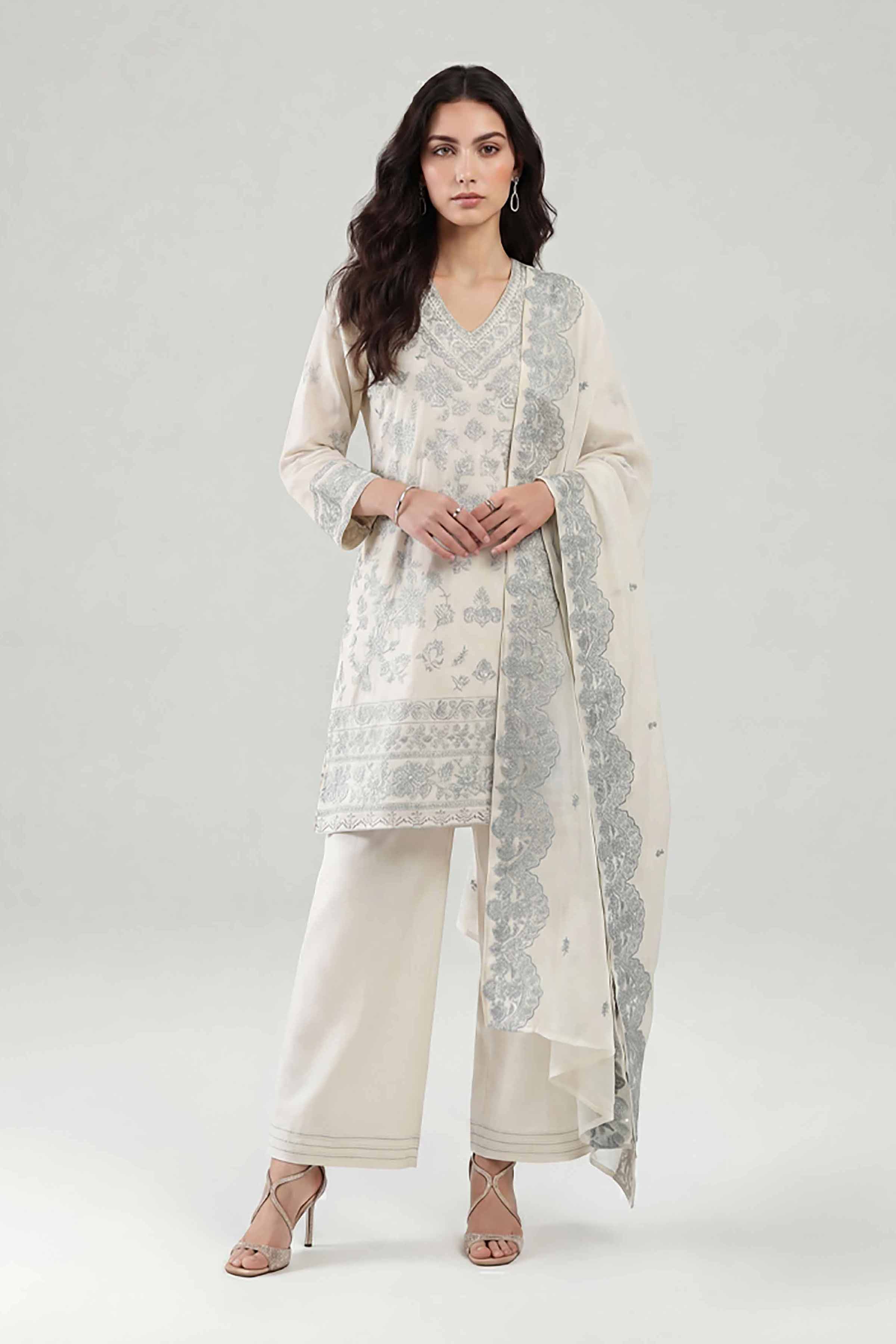 3 Piece - Embroidered Suit - KFE26-212 Off White Cambric 3PC Embroidered READY TO WEAR