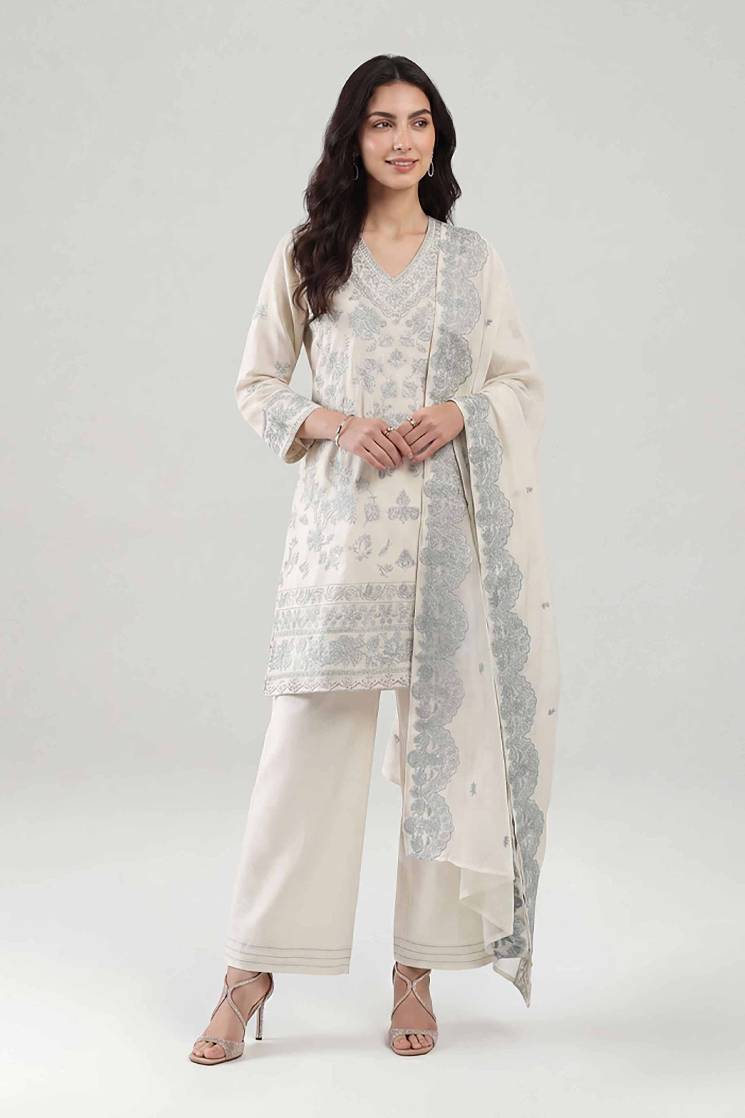 3 Piece - Embroidered Suit - KFE26-212 Off White Cambric 3PC Embroidered READY TO WEAR