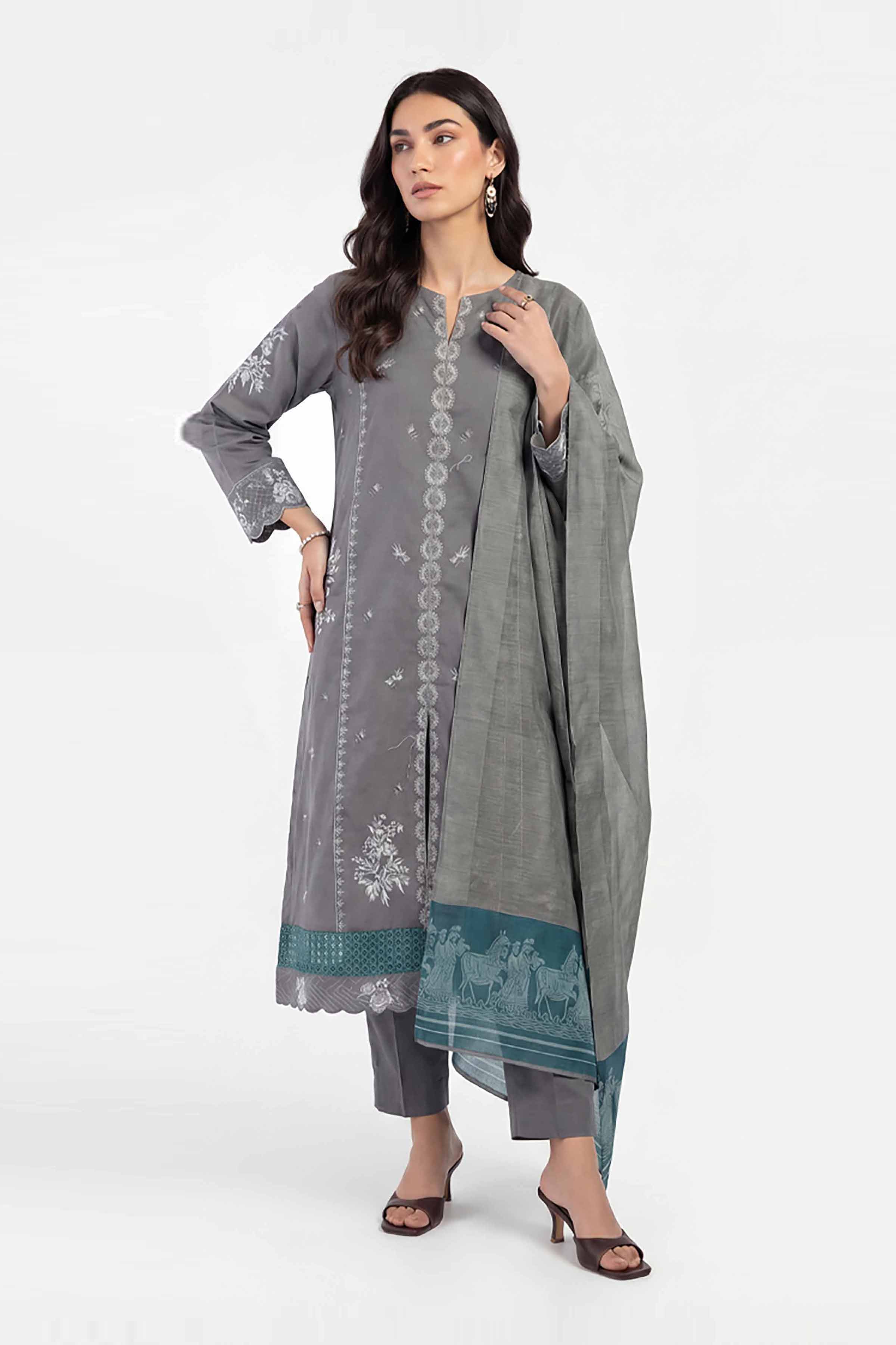 3 Piece - Embroidered Suit - KFE26-214 Grey Cambric 3PC Embroidered READY TO WEAR