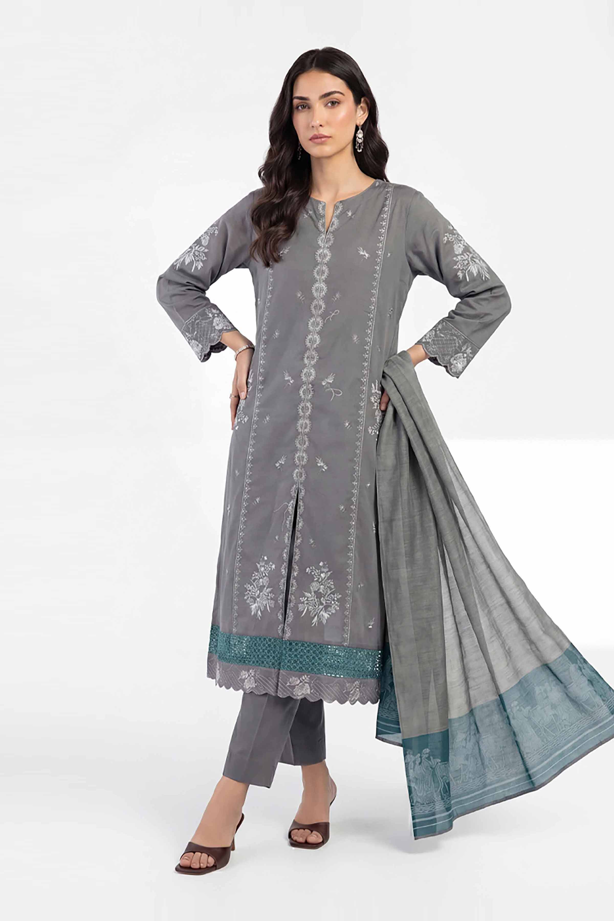 3 Piece - Embroidered Suit - KFE26-214 Grey Cambric 3PC Embroidered READY TO WEAR