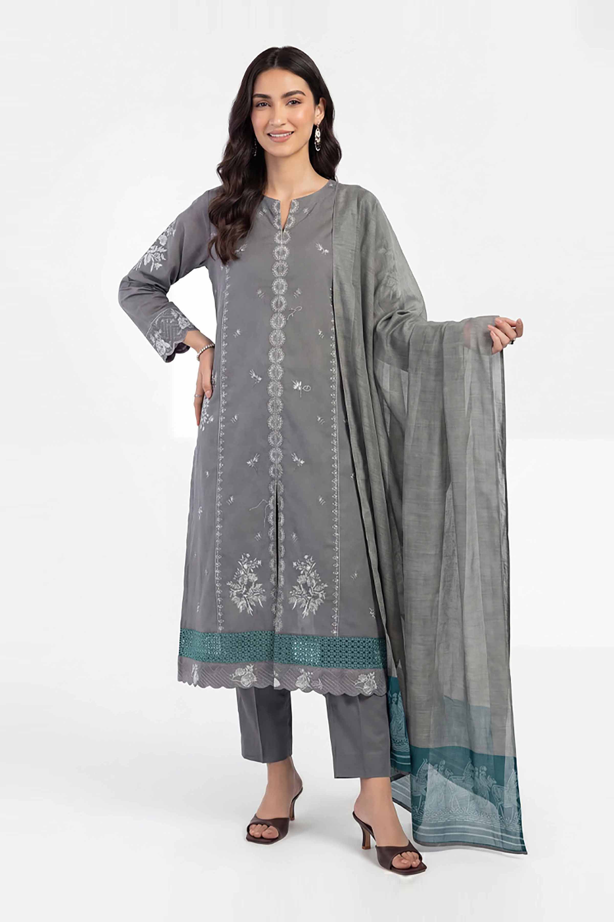3 Piece - Embroidered Suit - KFE26-214 Grey Cambric 3PC Embroidered READY TO WEAR