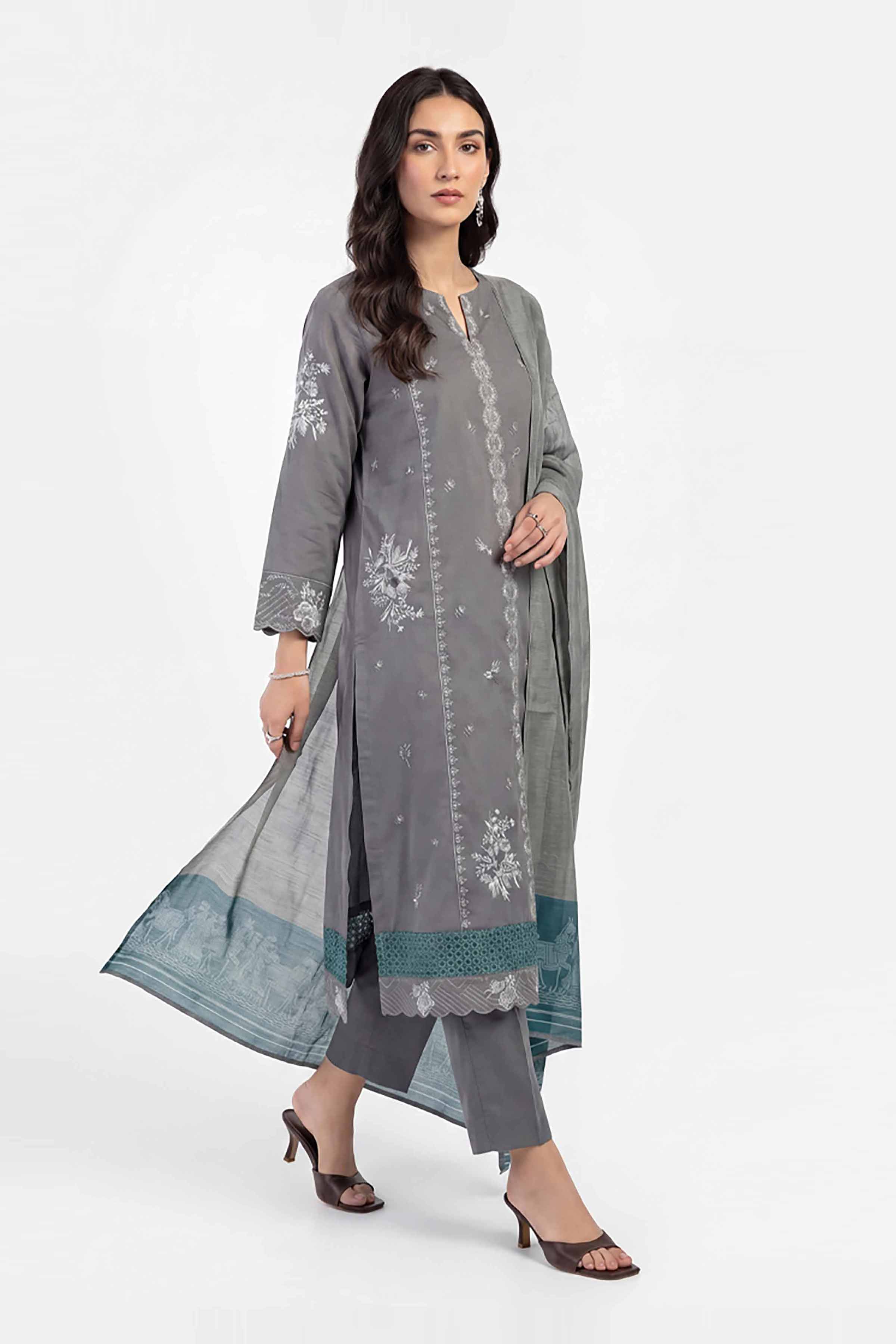 3 Piece - Embroidered Suit - KFE26-214 Grey Cambric 3PC Embroidered READY TO WEAR