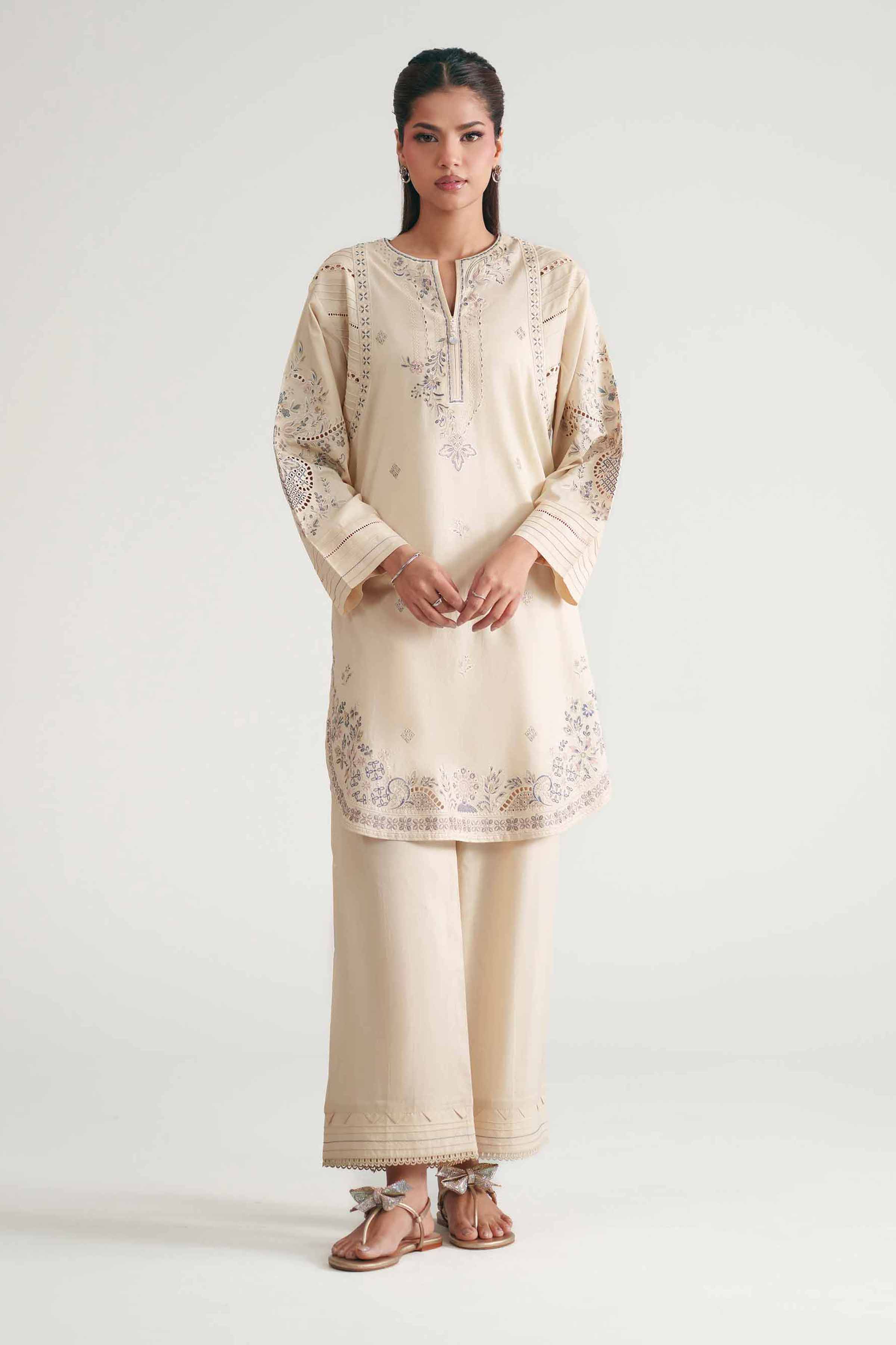 2 Piece - Embroidered Suit - KFE26-216 Beige Cambric Embroidered Straight shirt