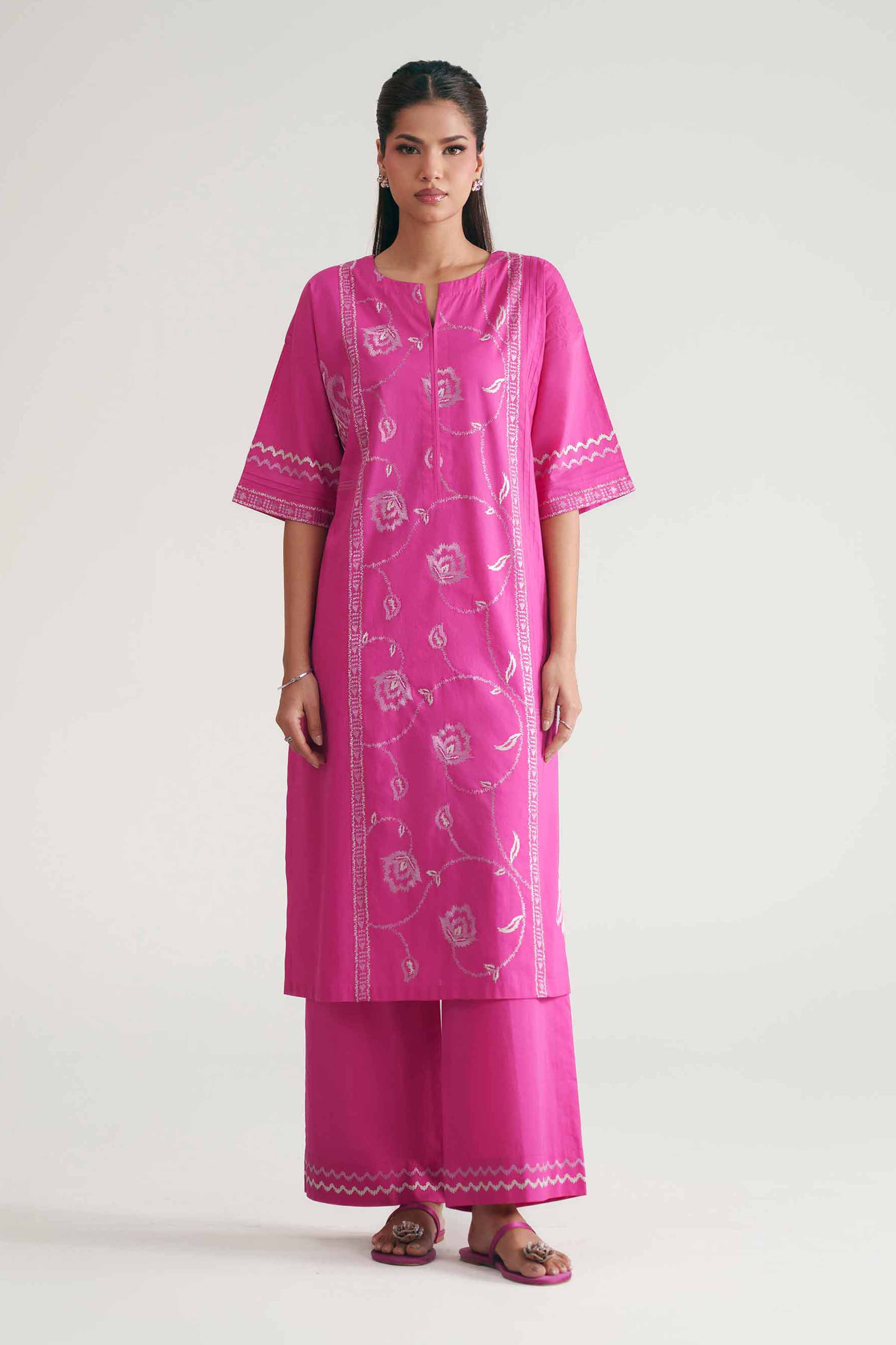 2 Piece - Embroidered Suit - KFE26-217 Pink Cambric Embroidered A-Line shirt