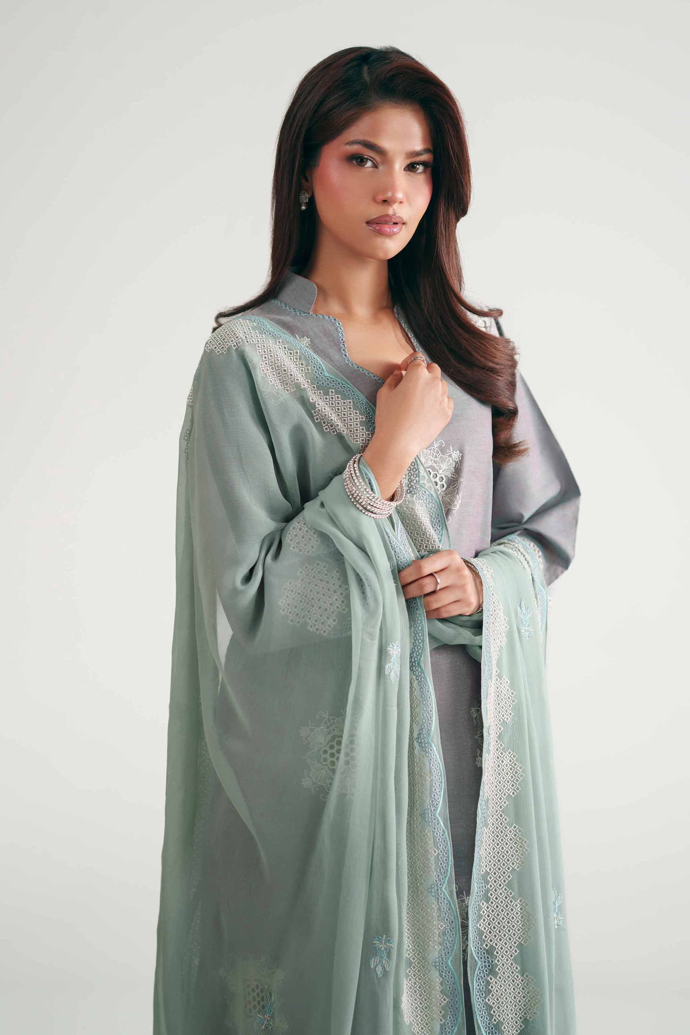 3 Piece - Embroidered Suit - KFE26-222 Grey Yarn Dyed 3PC Embroidered READY TO WEAR