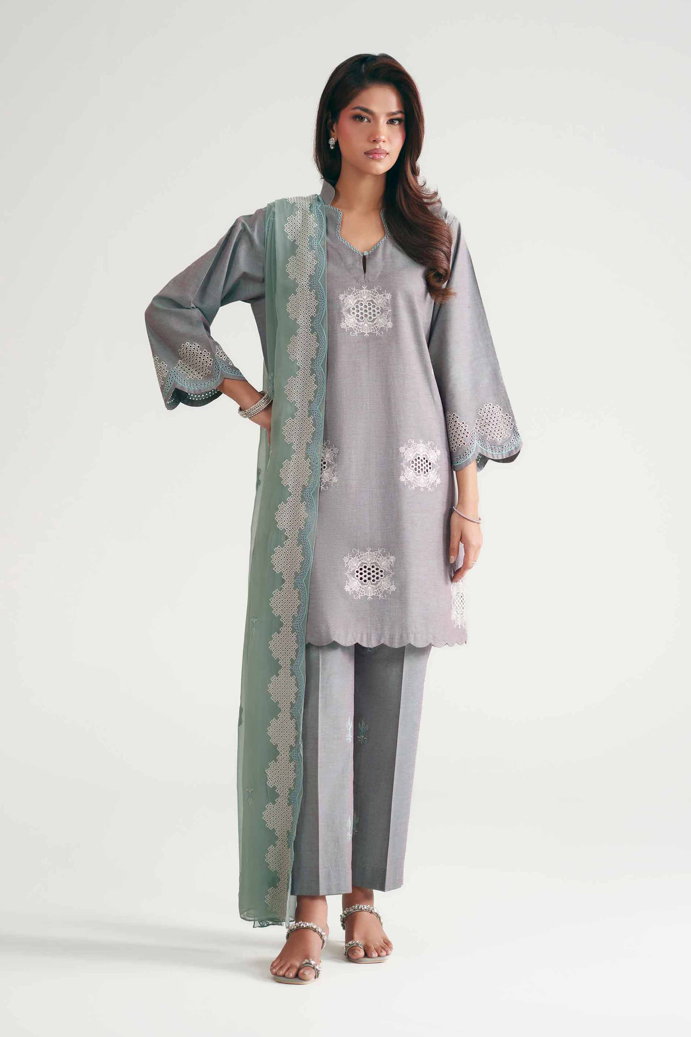 3 Piece - Embroidered Suit - KFE26-222 Grey Yarn Dyed 3PC Embroidered READY TO WEAR