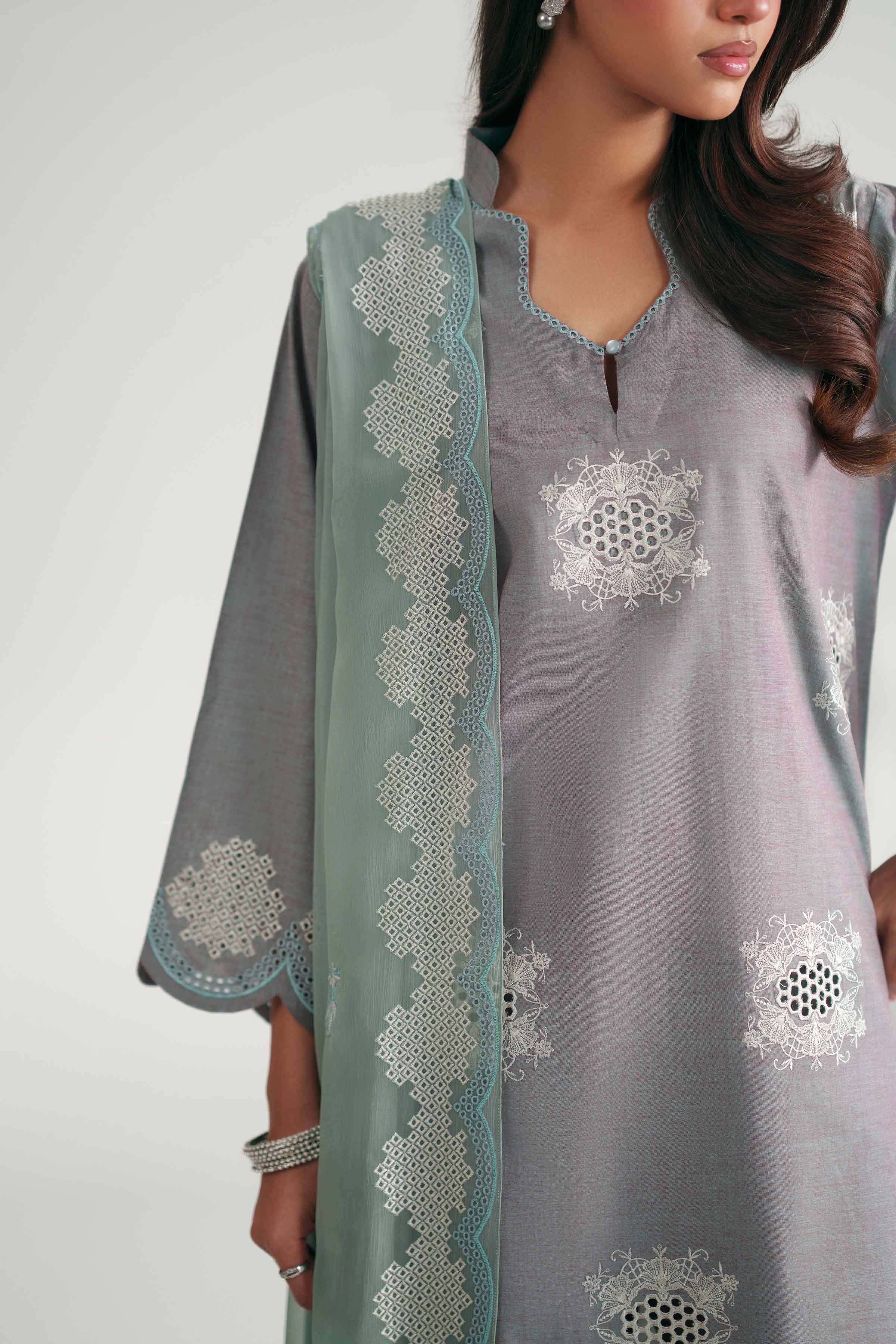 3 Piece - Embroidered Suit - KFE26-222 Grey Yarn Dyed 3PC Embroidered READY TO WEAR