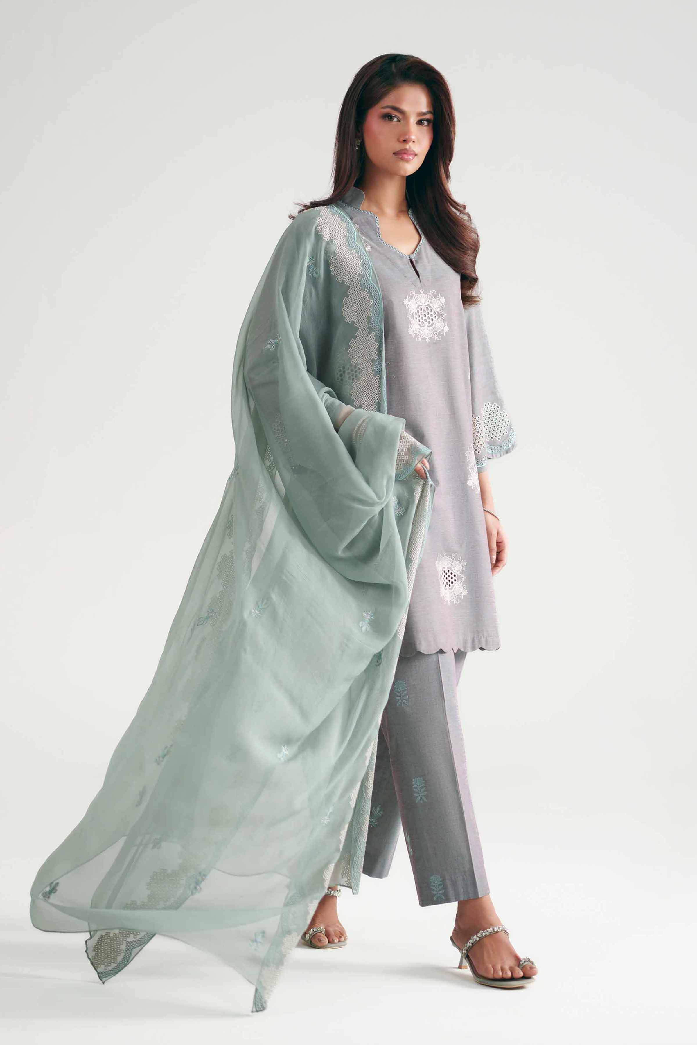 3 Piece - Embroidered Suit - KFE26-222 Grey Yarn Dyed 3PC Embroidered READY TO WEAR