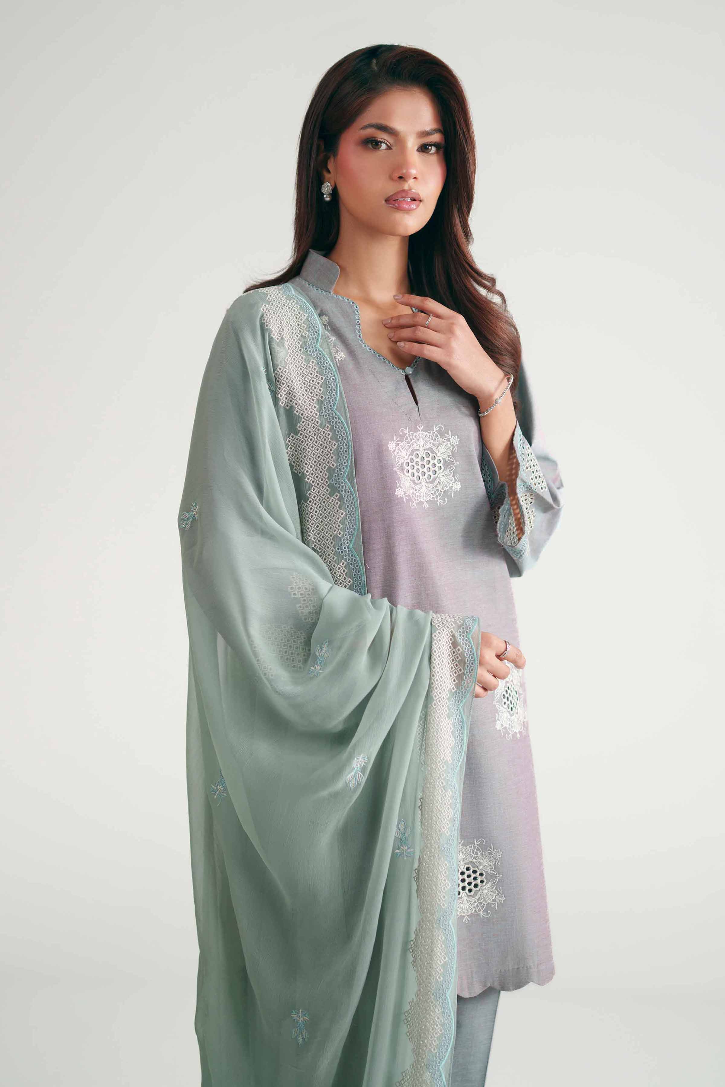 3 Piece - Embroidered Suit - KFE26-222 Grey Yarn Dyed 3PC Embroidered READY TO WEAR