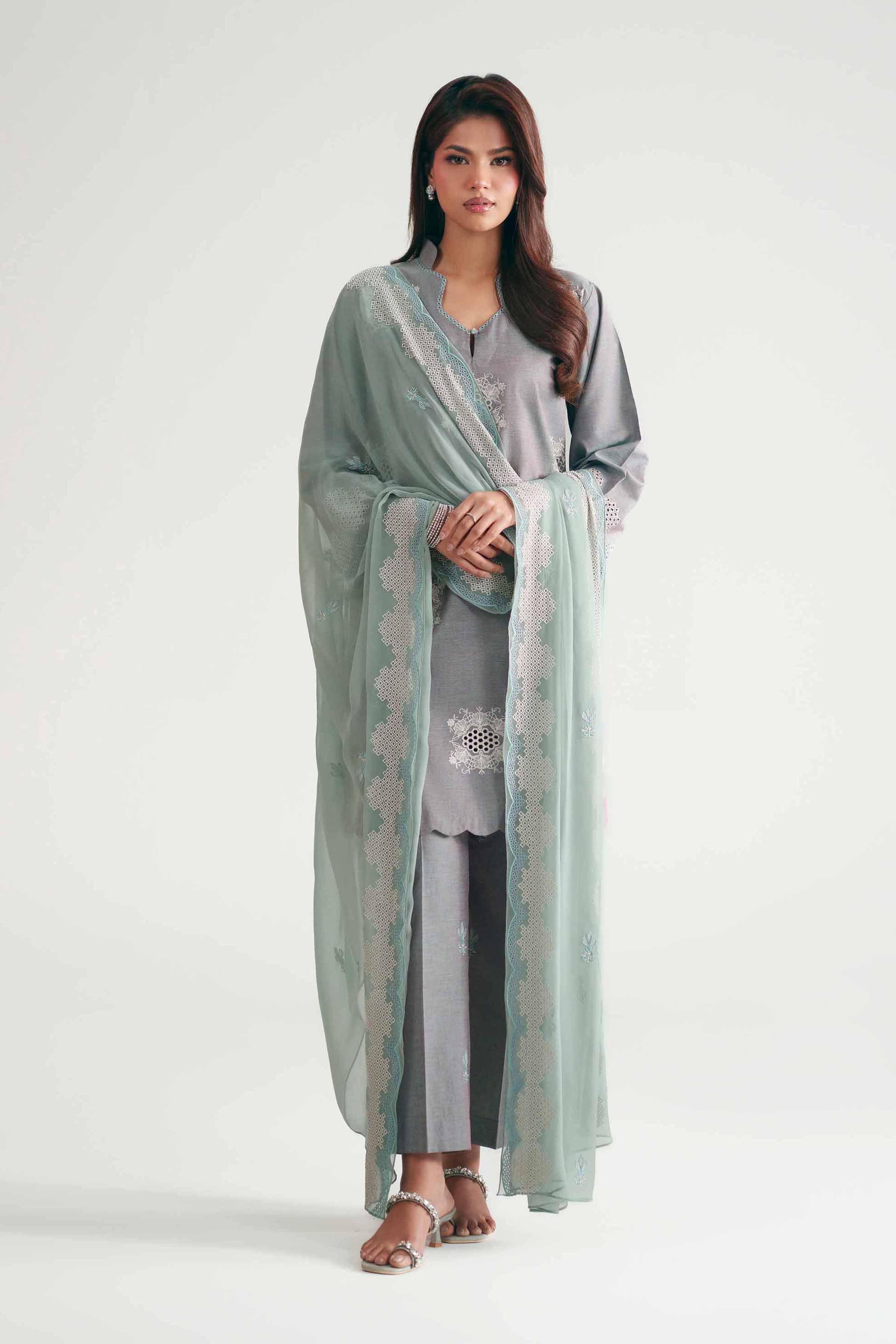 3 Piece - Embroidered Suit - KFE26-222 Grey Yarn Dyed 3PC Embroidered READY TO WEAR