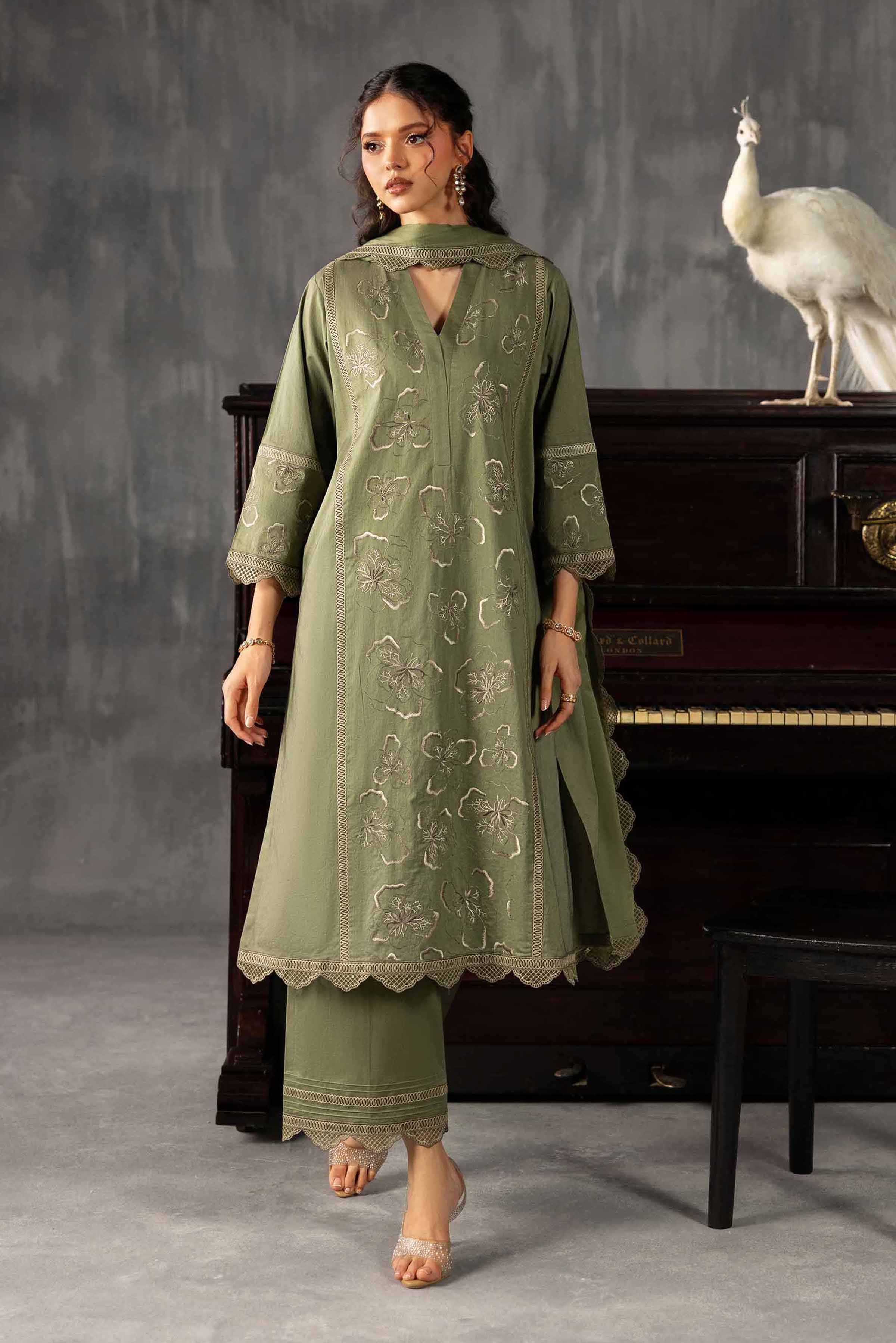 3 Piece - Embroidered Suit - KFE26-225 Green Cambric 3PC Embroidered READY TO WEAR