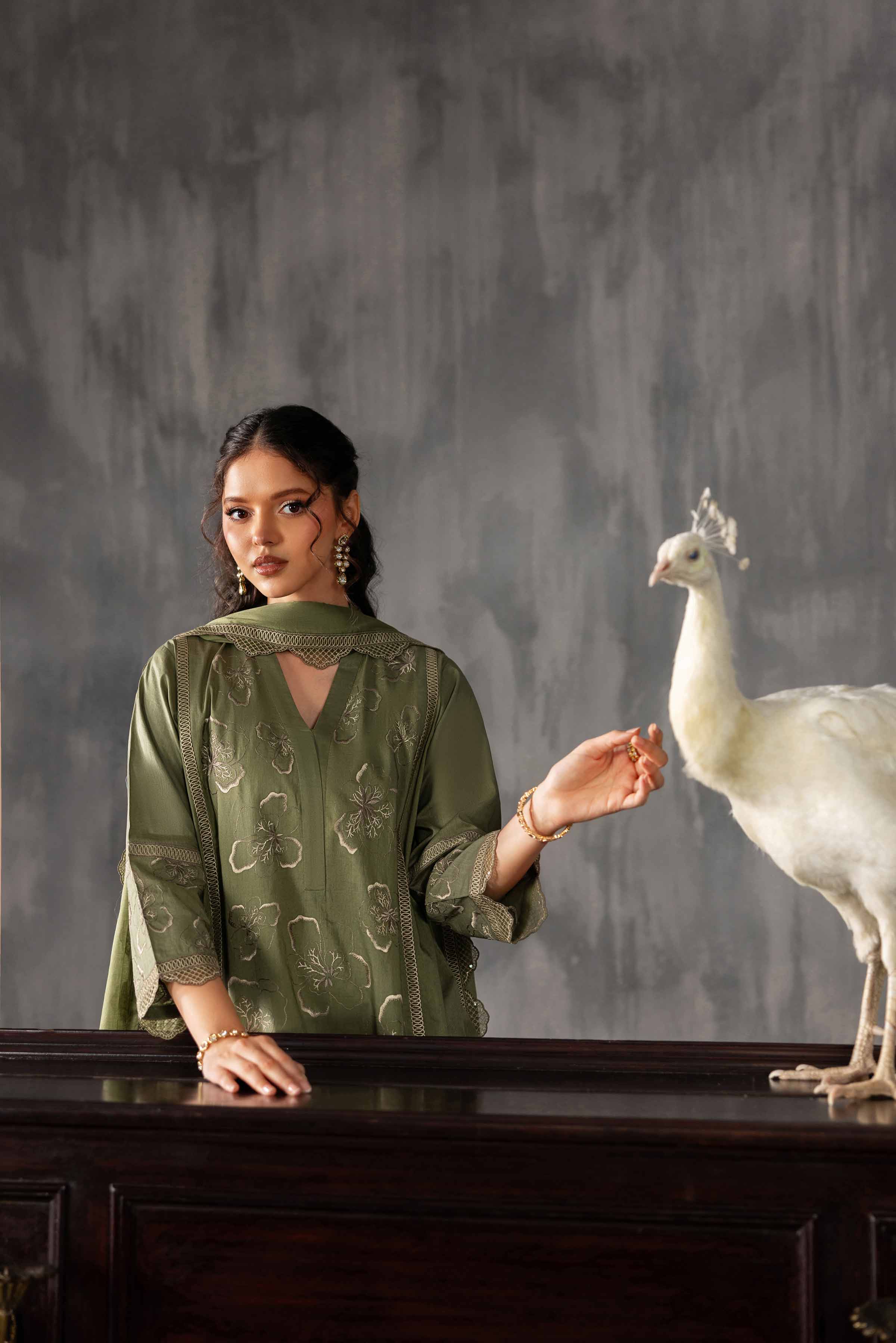 3 Piece - Embroidered Suit - KFE26-225 Green Cambric 3PC Embroidered READY TO WEAR