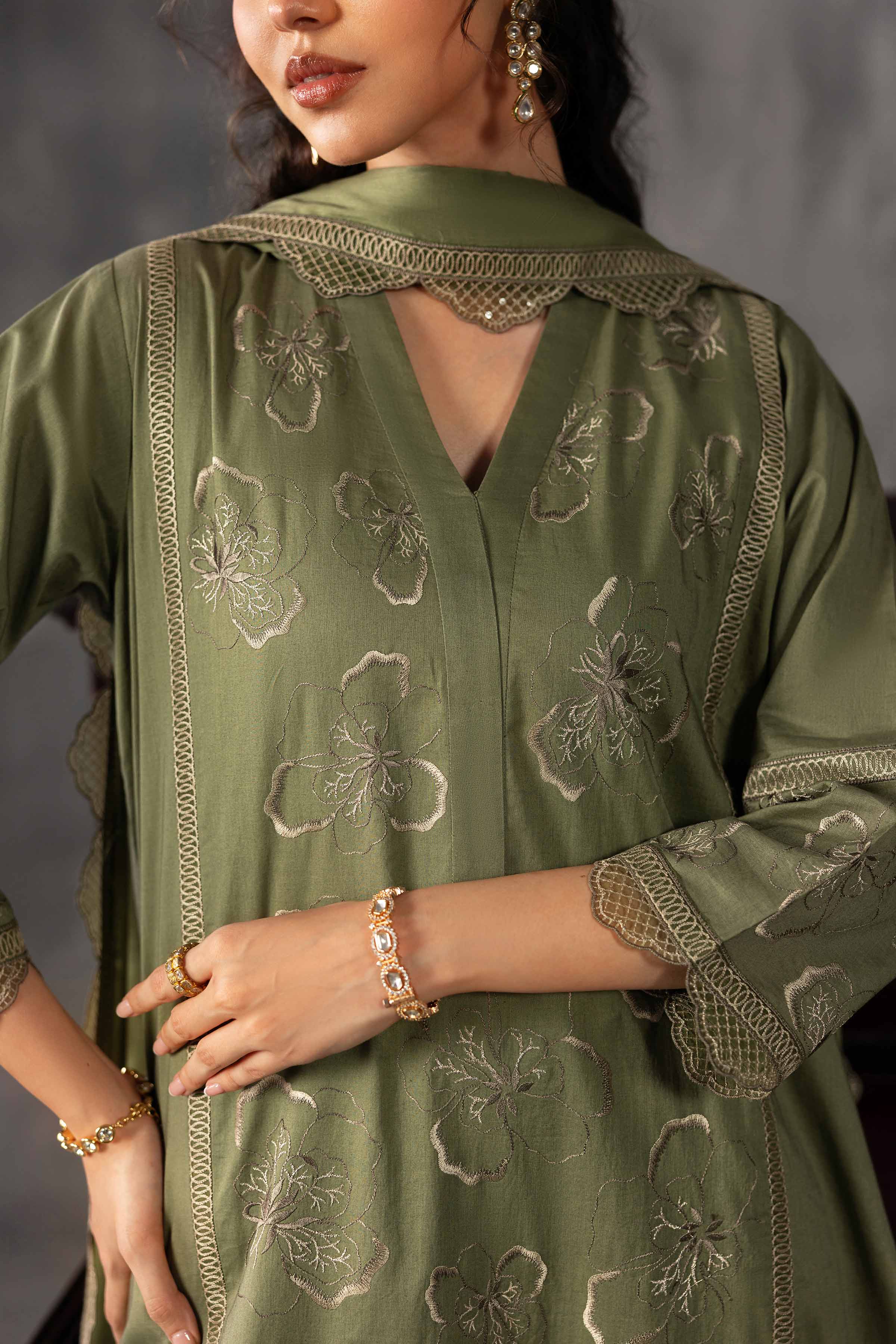 3 Piece - Embroidered Suit - KFE26-225 Green Cambric 3PC Embroidered READY TO WEAR