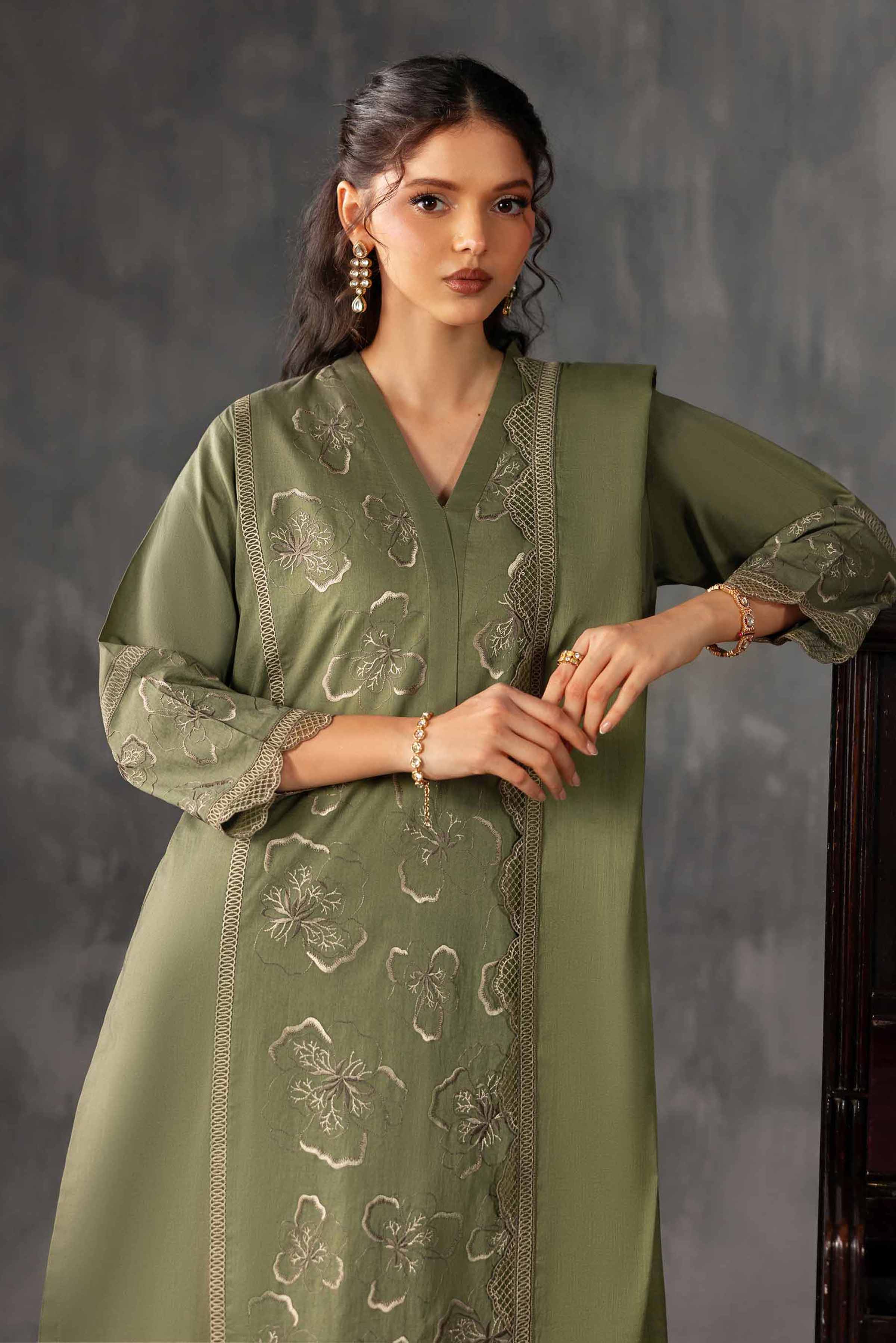 3 Piece - Embroidered Suit - KFE26-225 Green Cambric 3PC Embroidered READY TO WEAR
