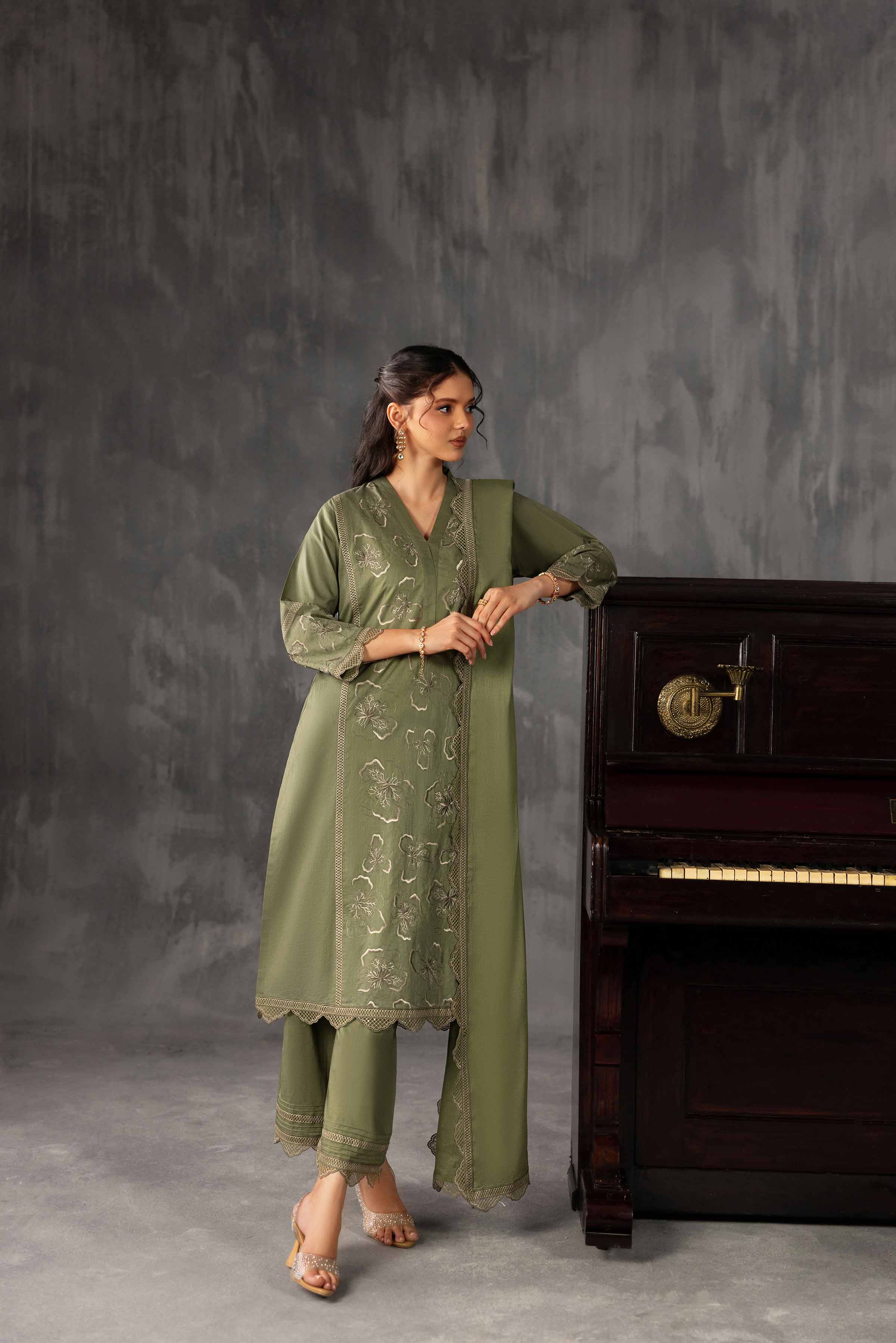 3 Piece - Embroidered Suit - KFE26-225 Green Cambric 3PC Embroidered READY TO WEAR