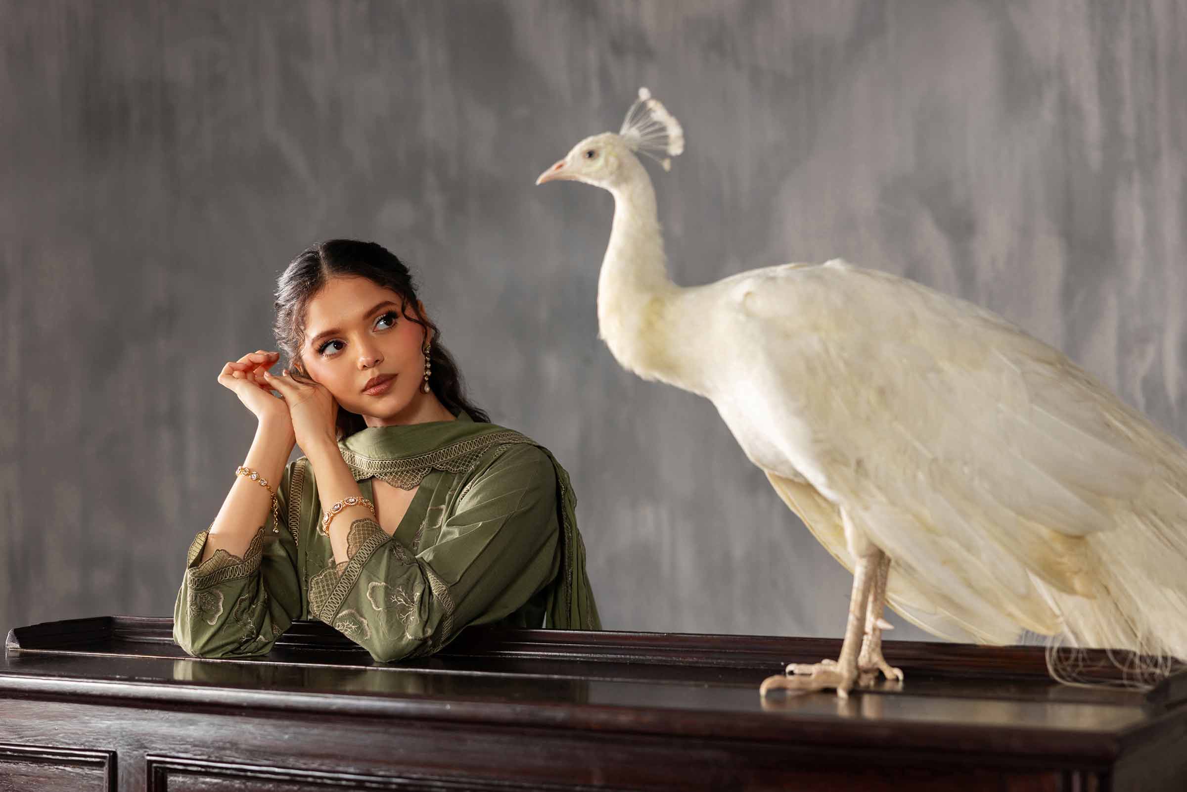 3 Piece - Embroidered Suit - KFE26-225 Green Cambric 3PC Embroidered READY TO WEAR