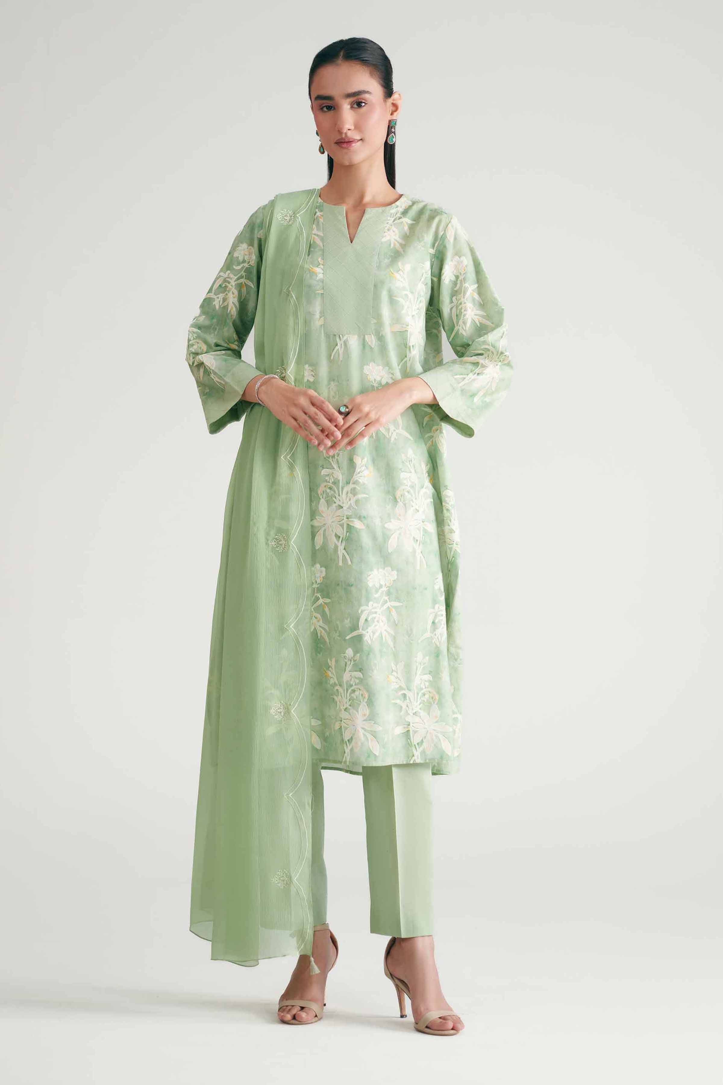 3 Piece - Printed Suit - KFE26-227 Green Cambric 3PC Printed READY TO WEAR