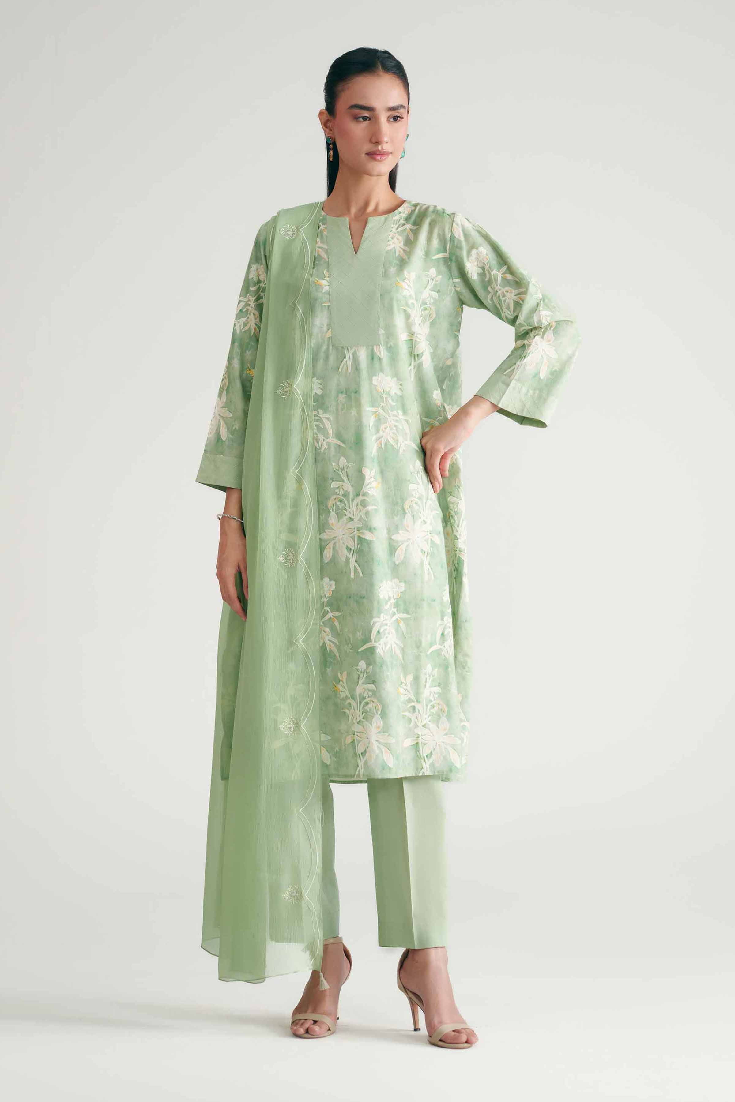 3 Piece - Printed Suit - KFE26-227 Green Cambric 3PC Printed READY TO WEAR