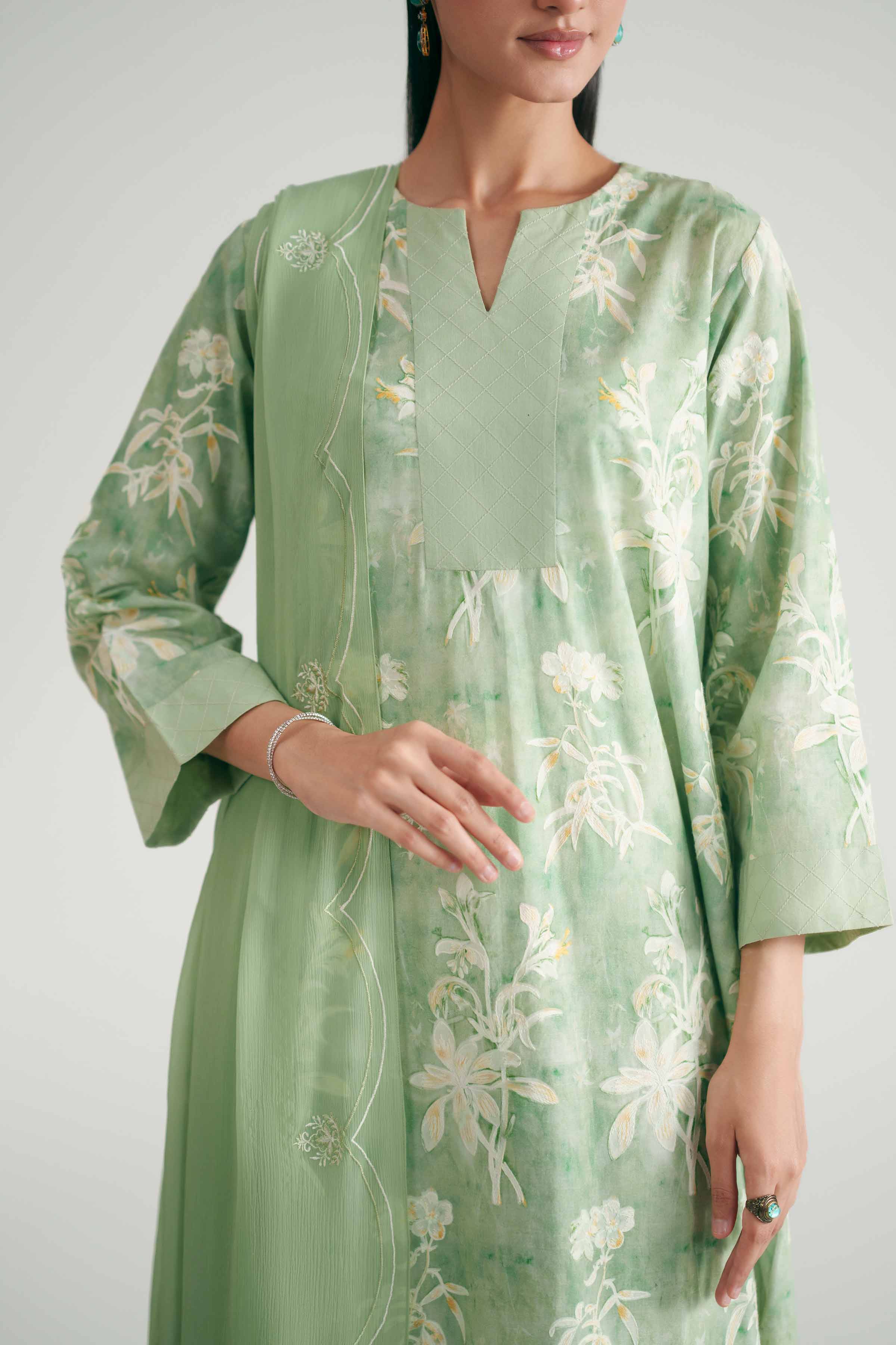 3 Piece - Printed Suit - KFE26-227 Green Cambric 3PC Printed READY TO WEAR