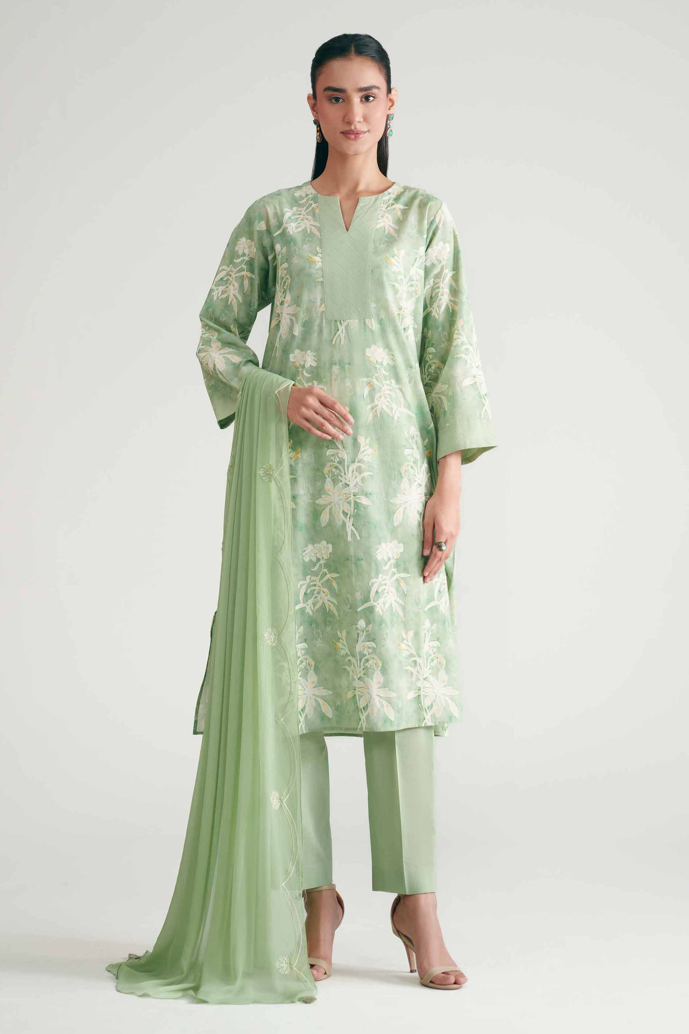 3 Piece - Printed Suit - KFE26-227 Green Cambric 3PC Printed READY TO WEAR