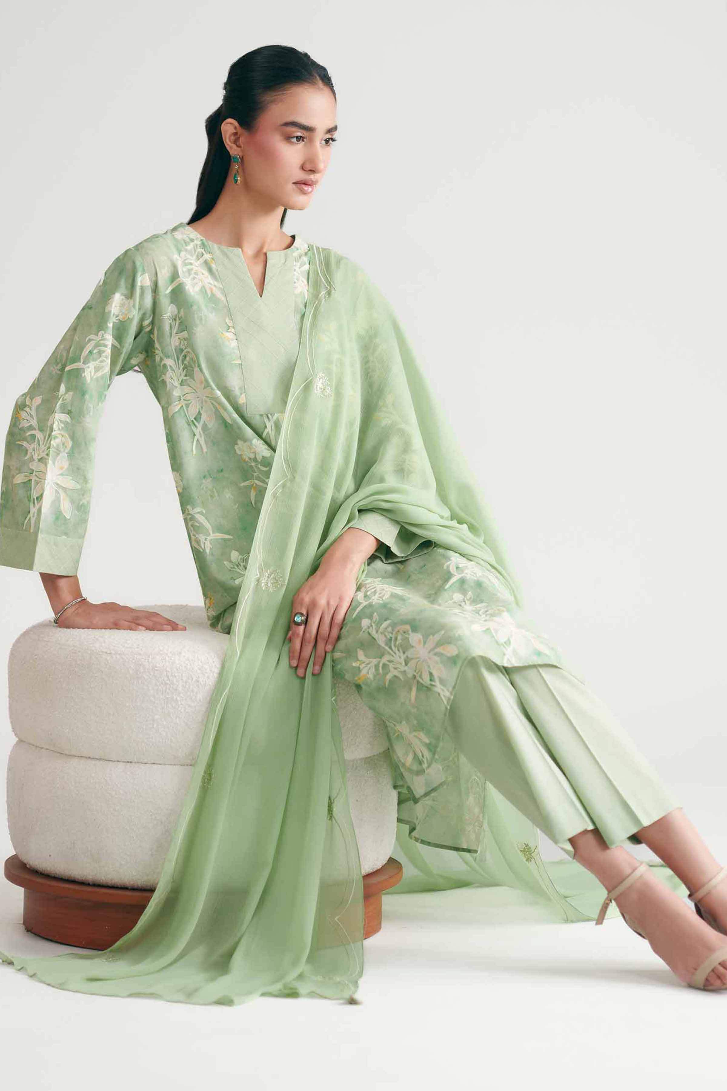 3 Piece - Printed Suit - KFE26-227 Green Cambric 3PC Printed READY TO WEAR