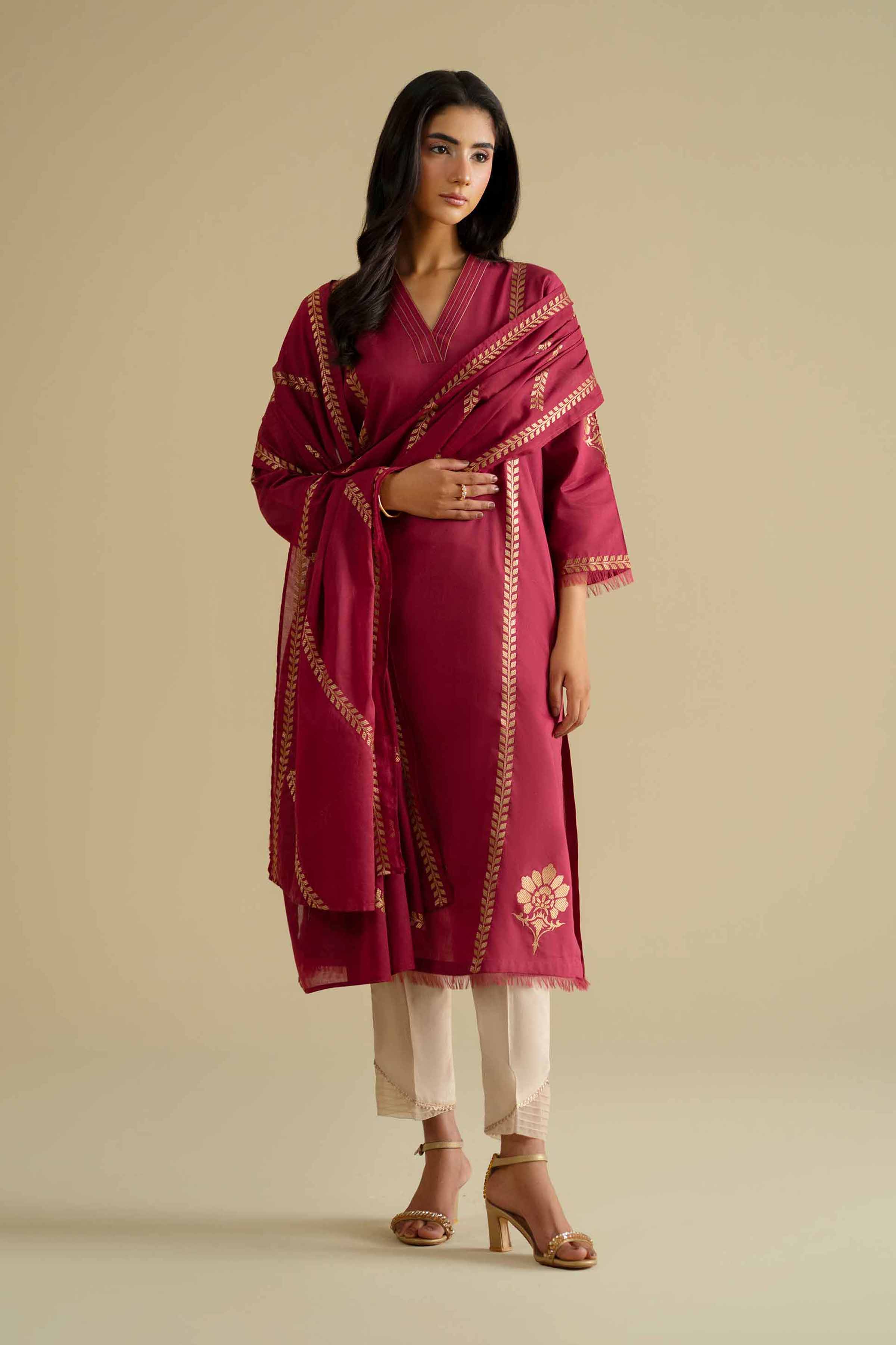 2 Piece - Embroidered Suit - KFE26-231 Red Cambric 2PC Embroidered LUXURY