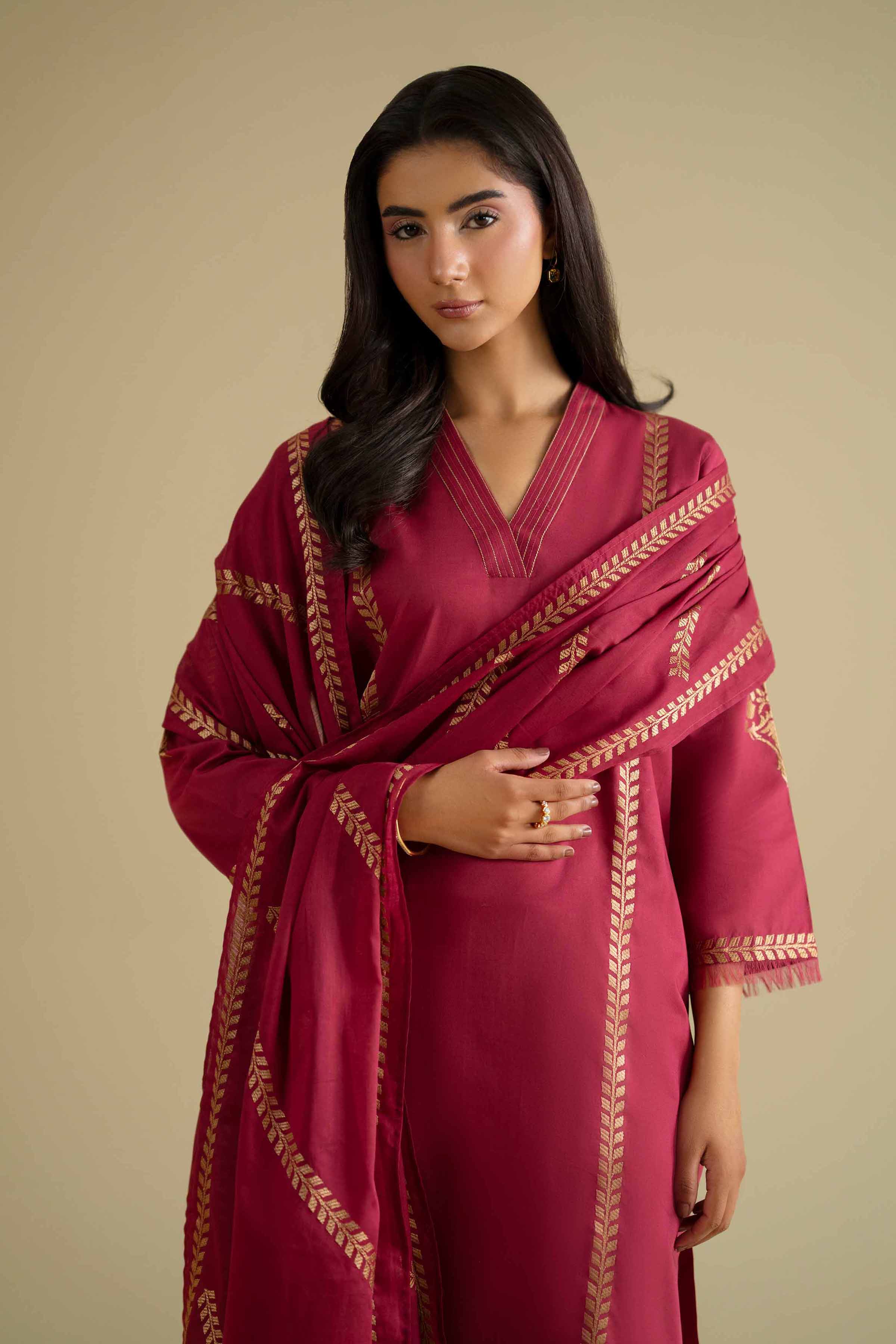 2 Piece - Embroidered Suit - KFE26-231 Red Cambric 2PC Embroidered LUXURY