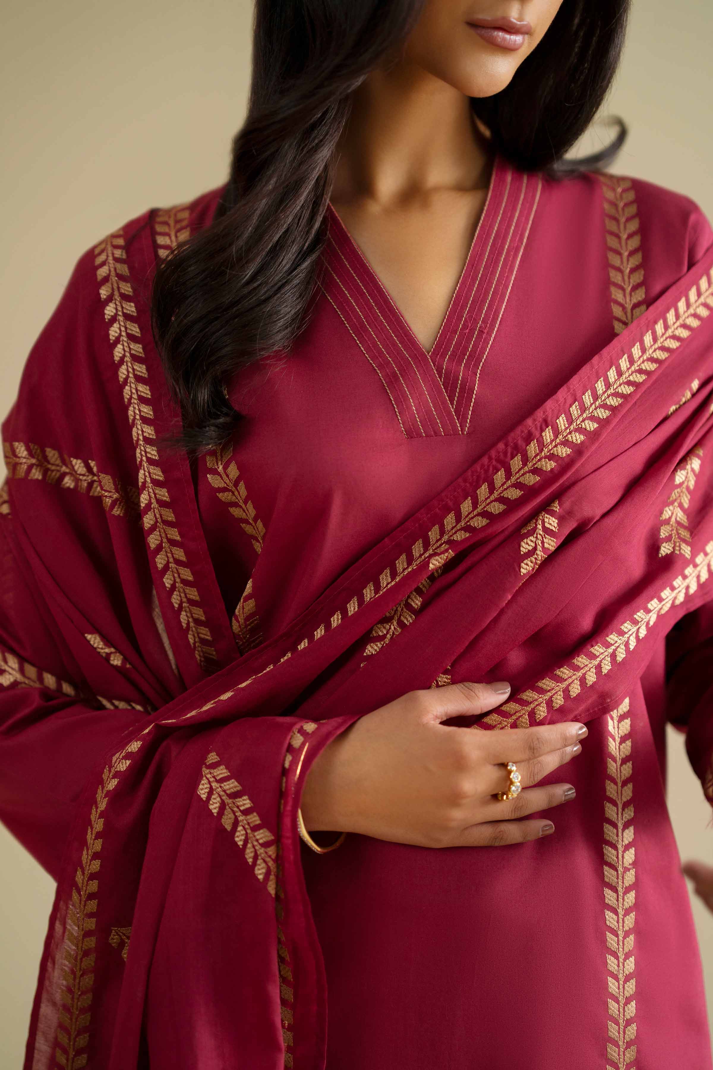 2 Piece - Embroidered Suit - KFE26-231 Red Cambric 2PC Embroidered LUXURY