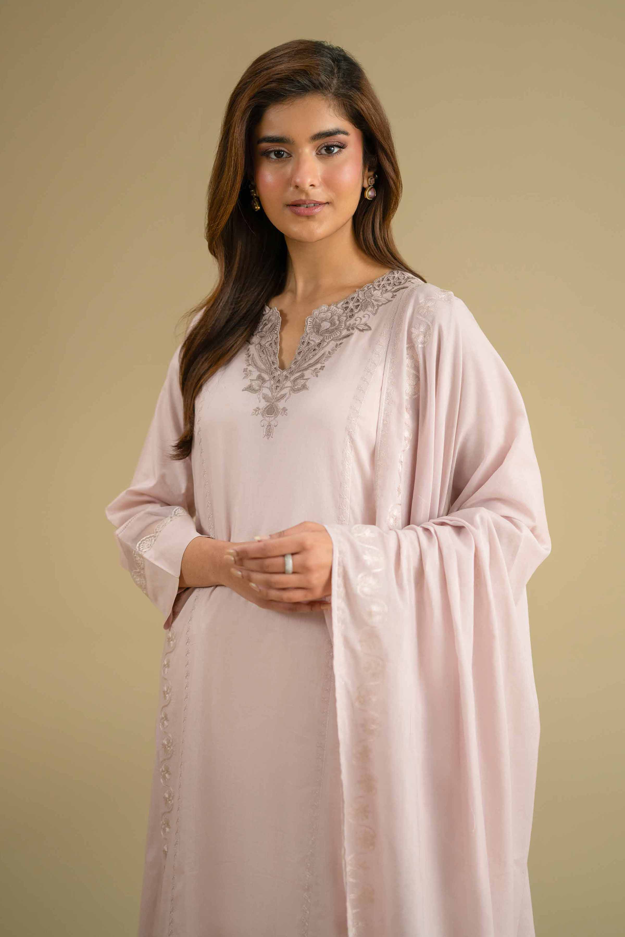 2 Piece - Embroidered Suit - KFE26-232 Pink Cambric 2PC Embroidered LUXURY