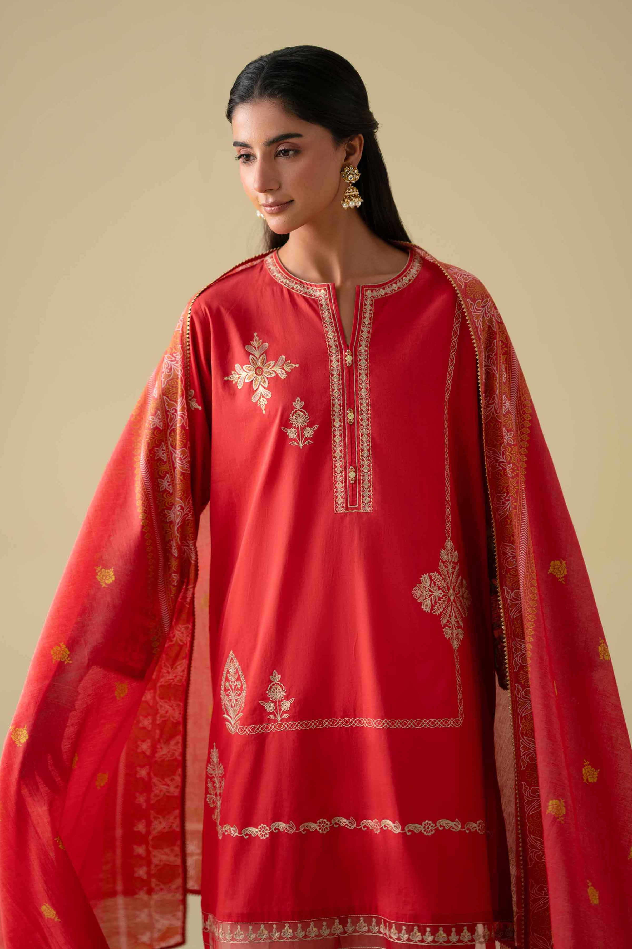 3 Piece - Printed Embroidered Suit - KFE26-27 Red Cambric 3PC Embroidered LUXURY