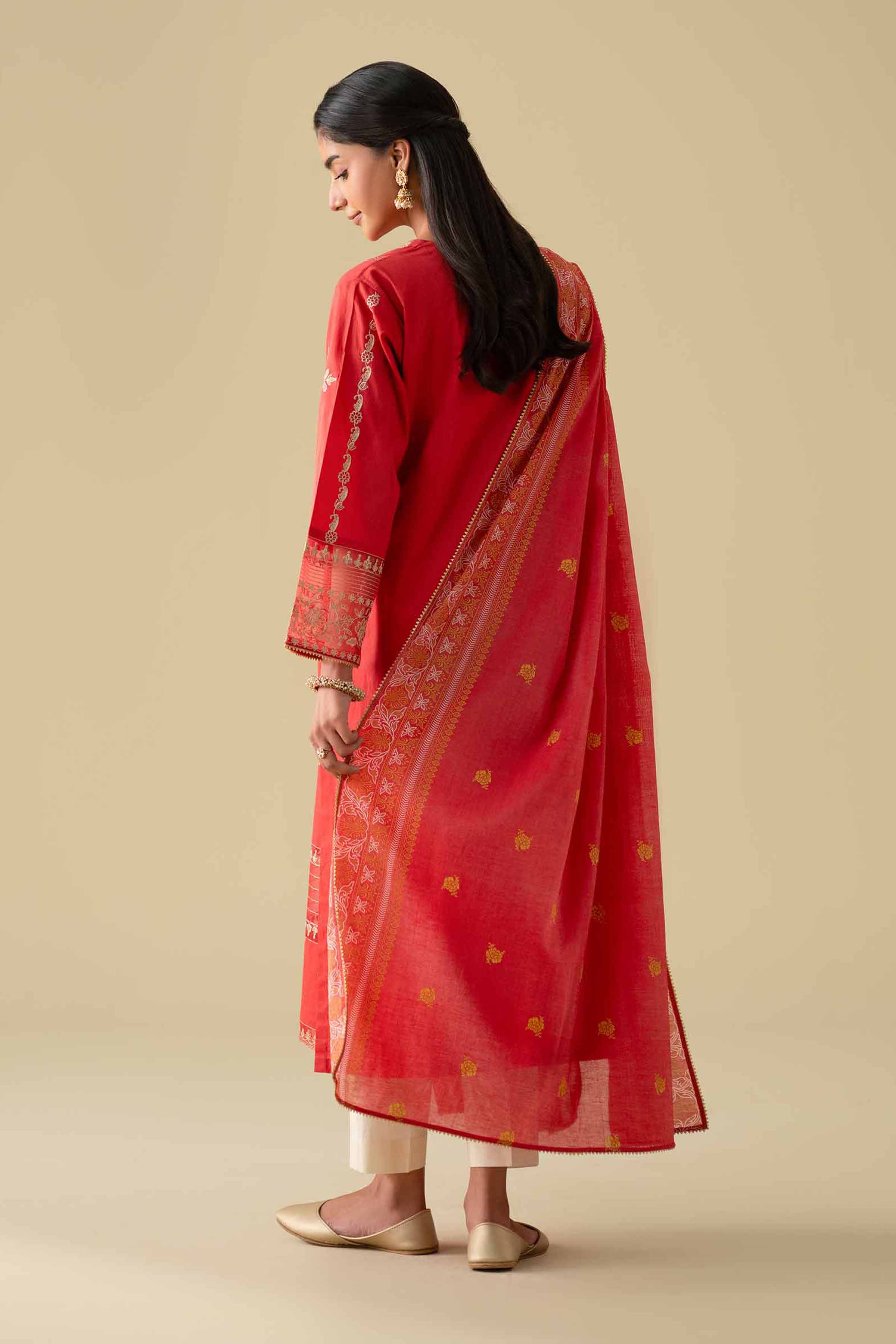 3 Piece - Printed Embroidered Suit - KFE26-27 Red Cambric 3PC Embroidered LUXURY