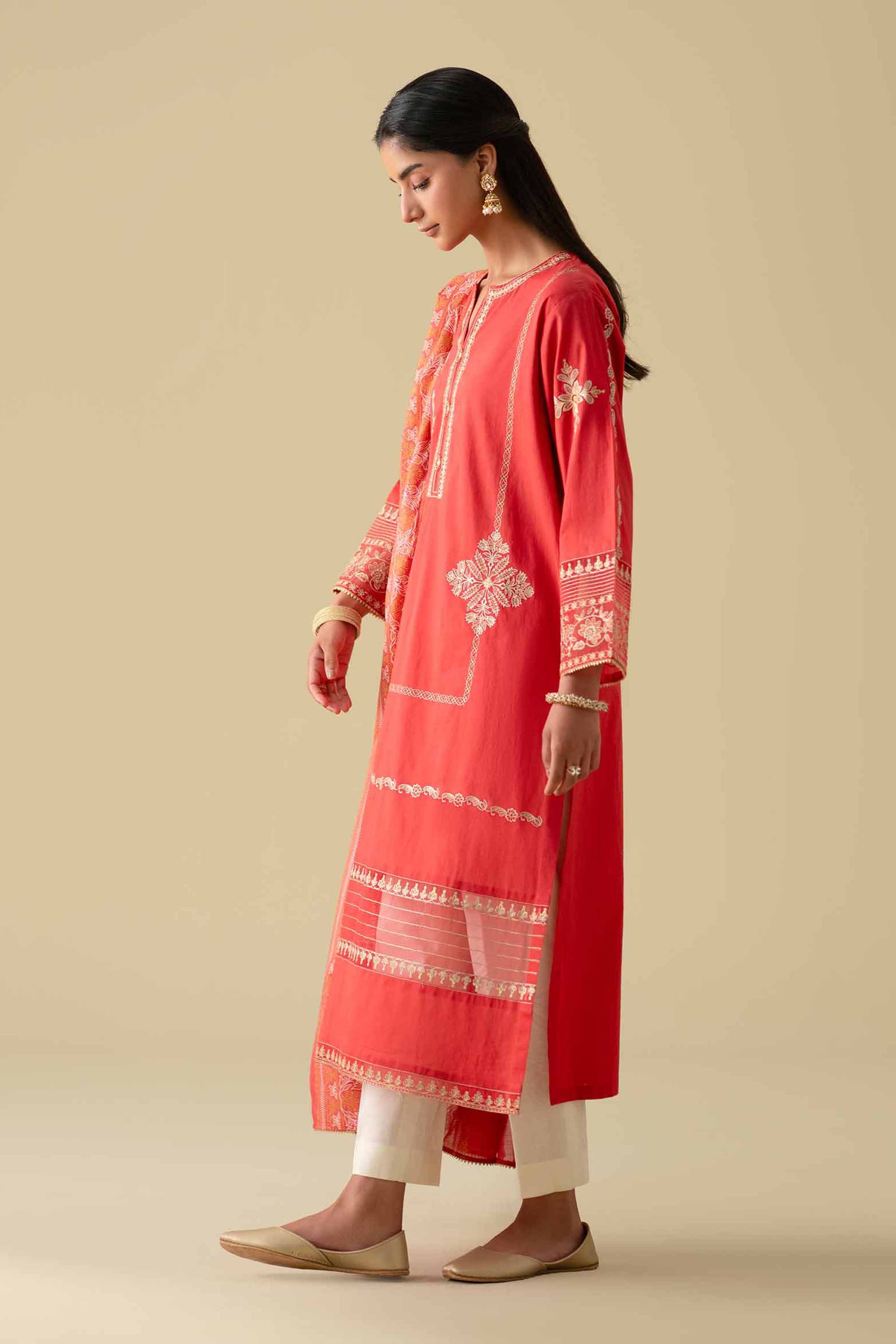 3 Piece - Printed Embroidered Suit - KFE26-27 Red Cambric 3PC Embroidered LUXURY
