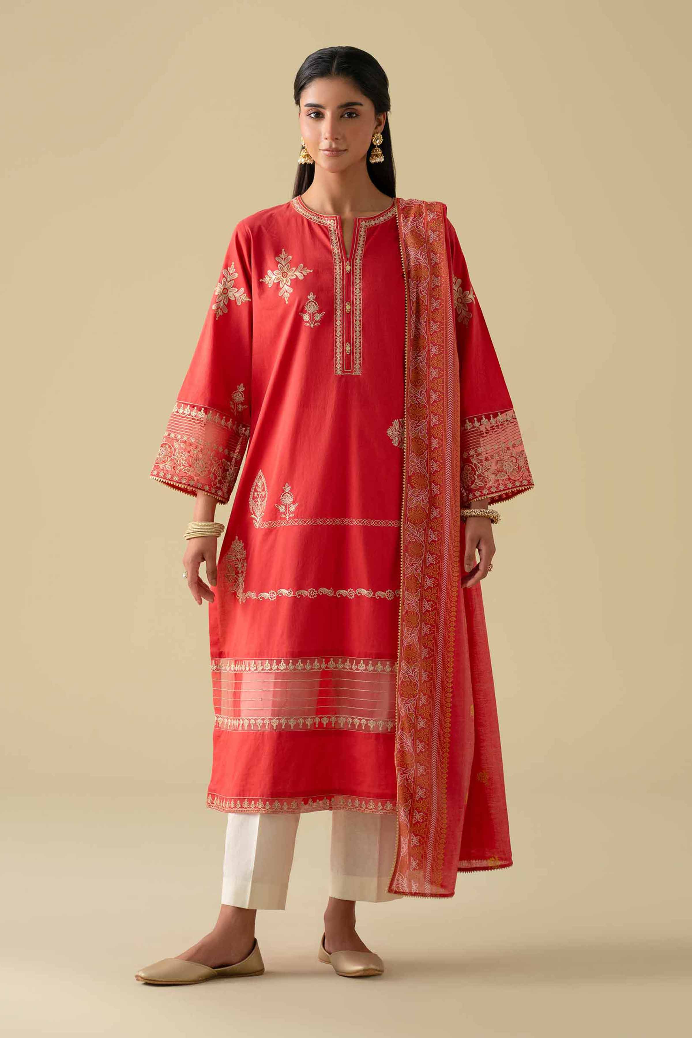 3 Piece - Printed Embroidered Suit - KFE26-27 Red Cambric 3PC Embroidered LUXURY