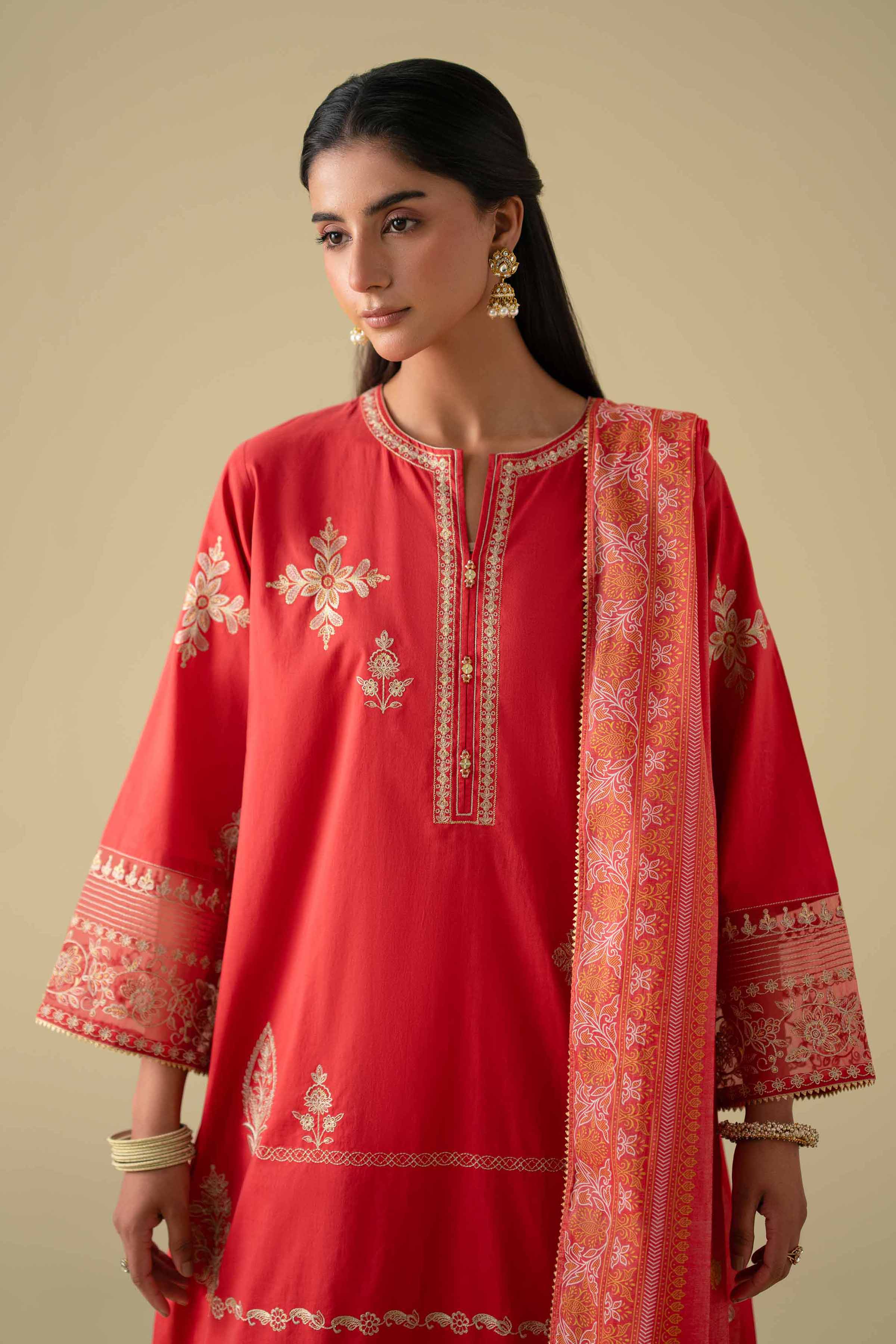 3 Piece - Printed Embroidered Suit - KFE26-27 Red Cambric 3PC Embroidered LUXURY