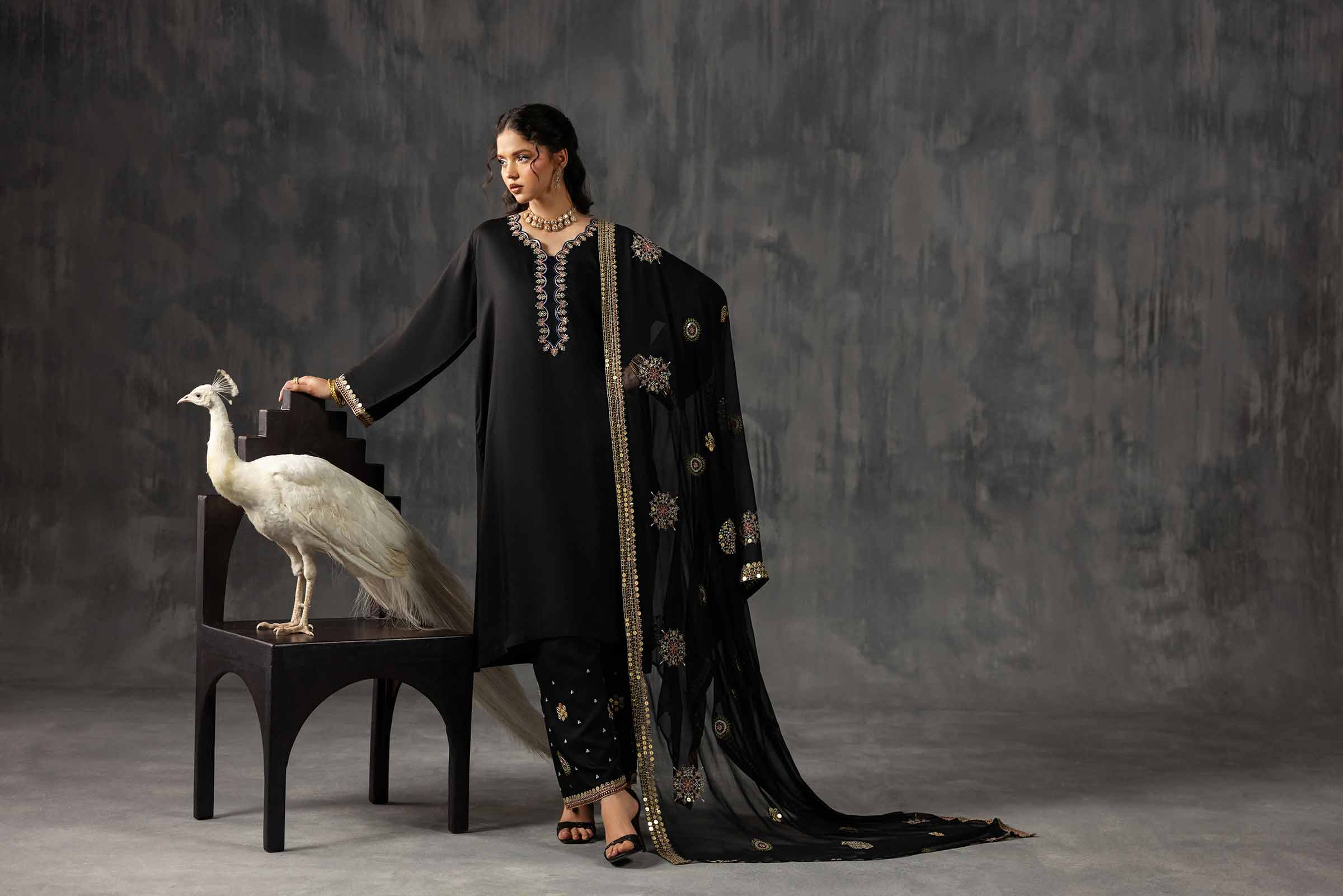 3 Piece - Embroidered Suit - KFE26-35 Black Silk 3PC Embroidered READY TO WEAR