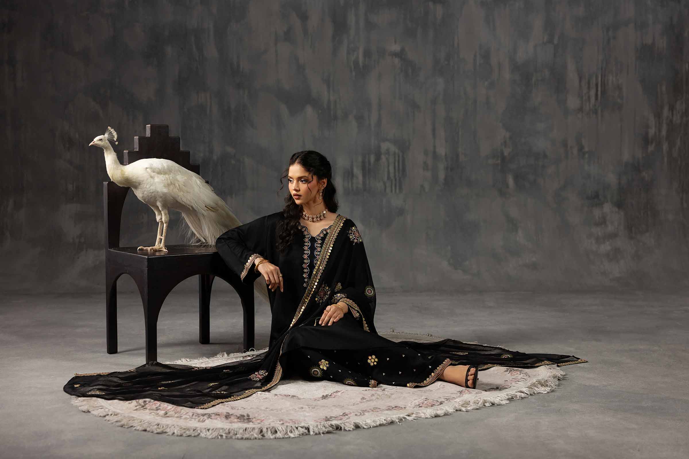 3 Piece - Embroidered Suit - KFE26-35 Black Silk 3PC Embroidered READY TO WEAR