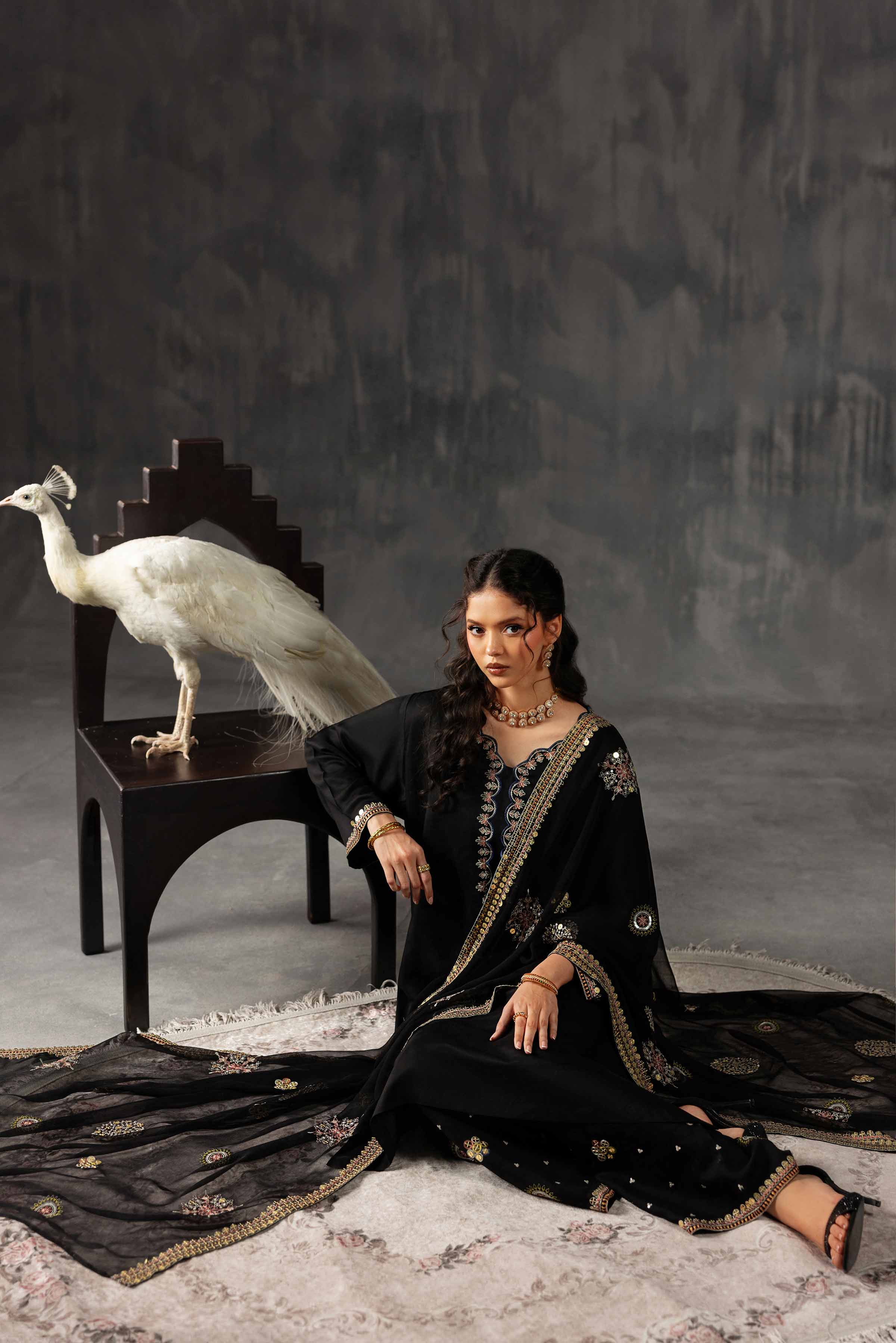 3 Piece - Embroidered Suit - KFE26-35 Black Silk 3PC Embroidered READY TO WEAR