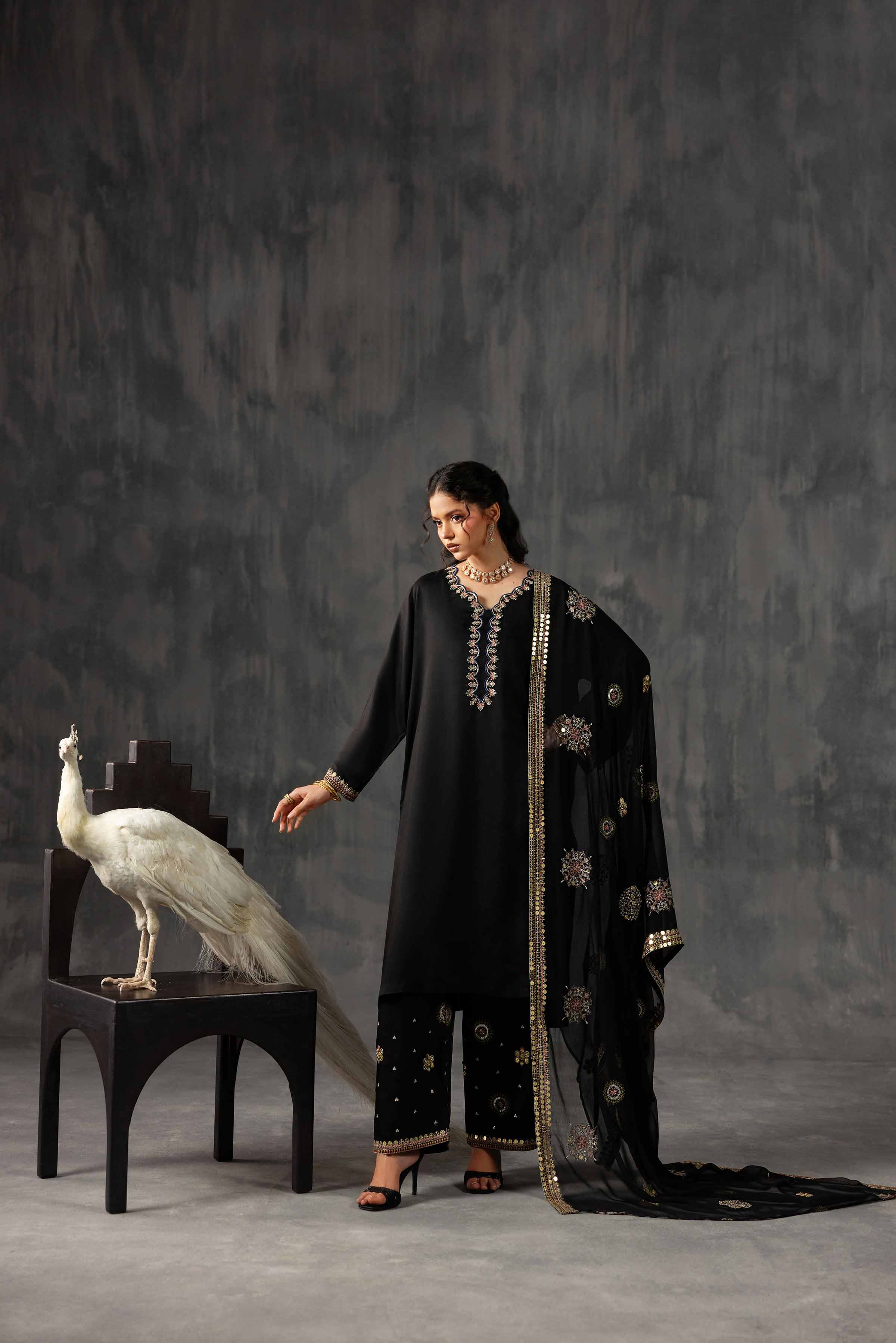 3 Piece - Embroidered Suit - KFE26-35 Black Silk 3PC Embroidered READY TO WEAR